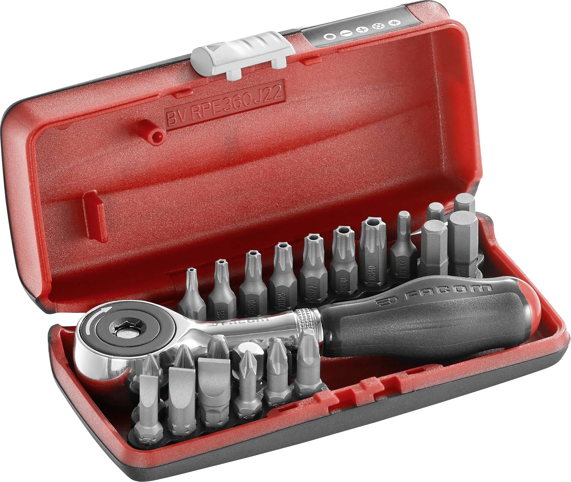 Ratchet screwdriver set in a red box, containing multiple interchangeable bits and a handle.