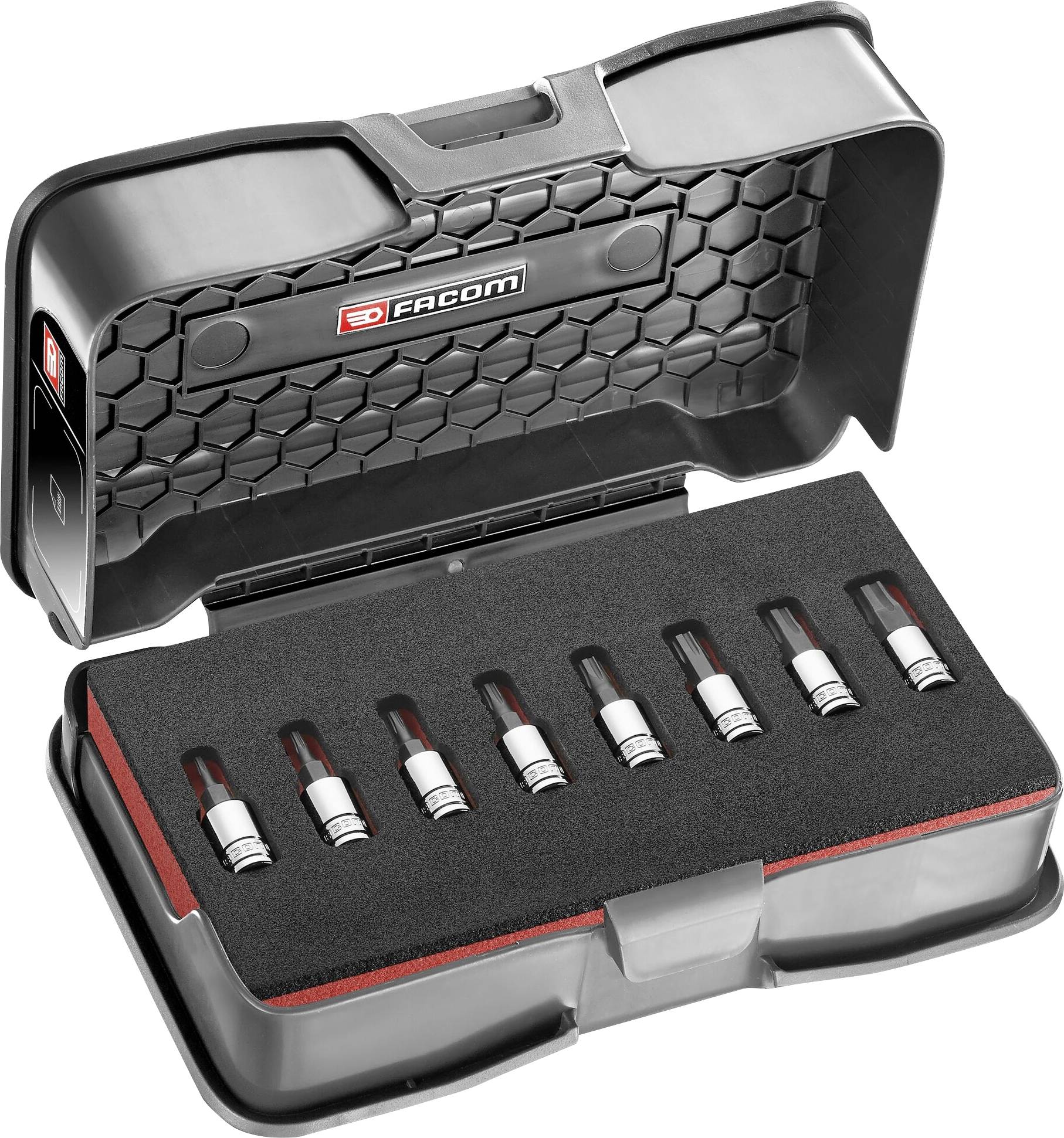 A set of seven socket wrenches in an open, black hard case. The wrenches are neatly laid out in foam padding.