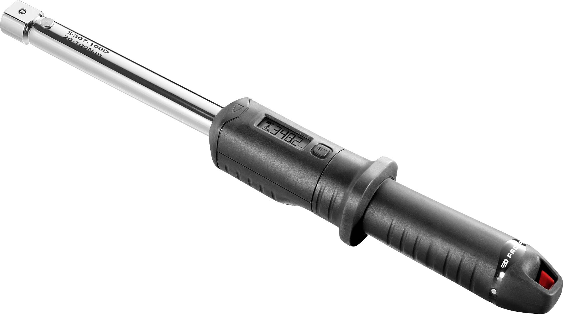 Digital torque wrench with long handle and cut-off function. Suitable for precise tightening torques in technical applications.