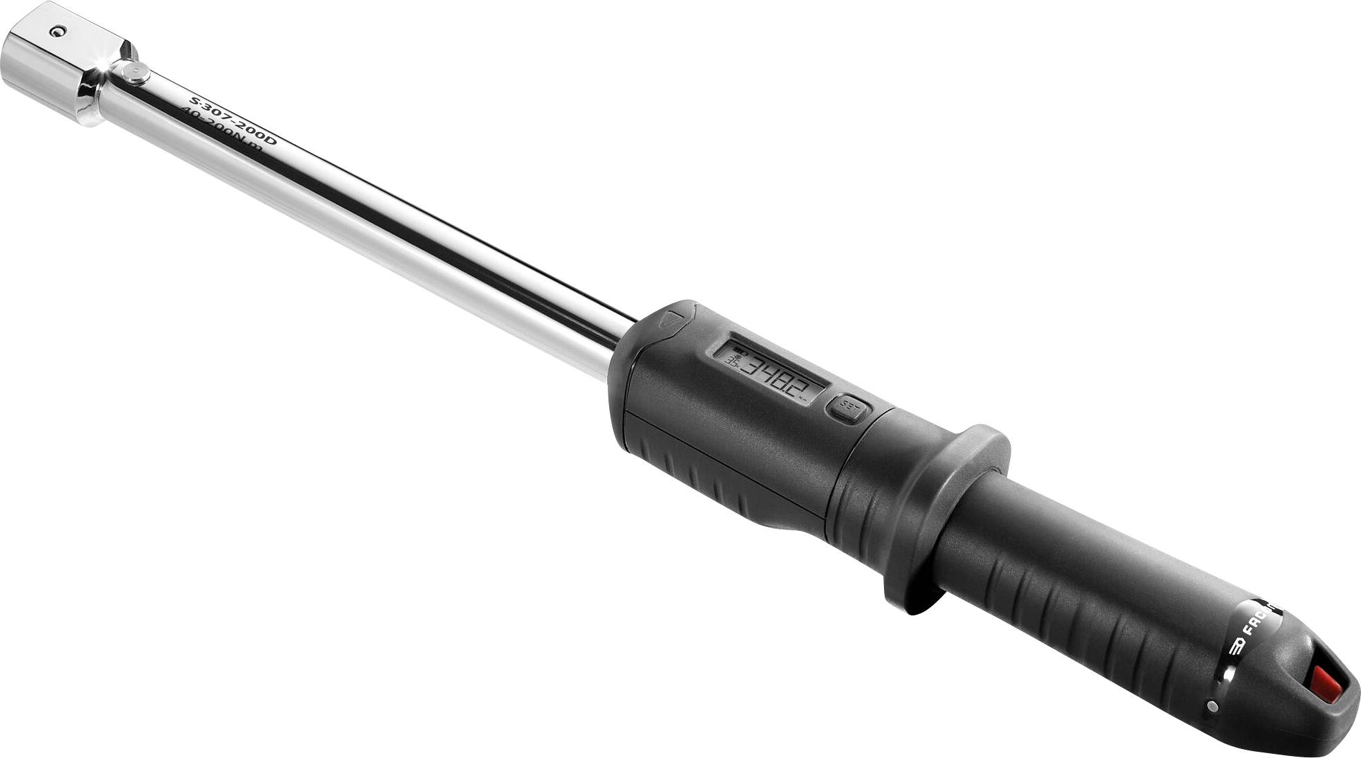 Digital torque wrench with ergonomic handle. Used for precise tightening of bolts and nuts.