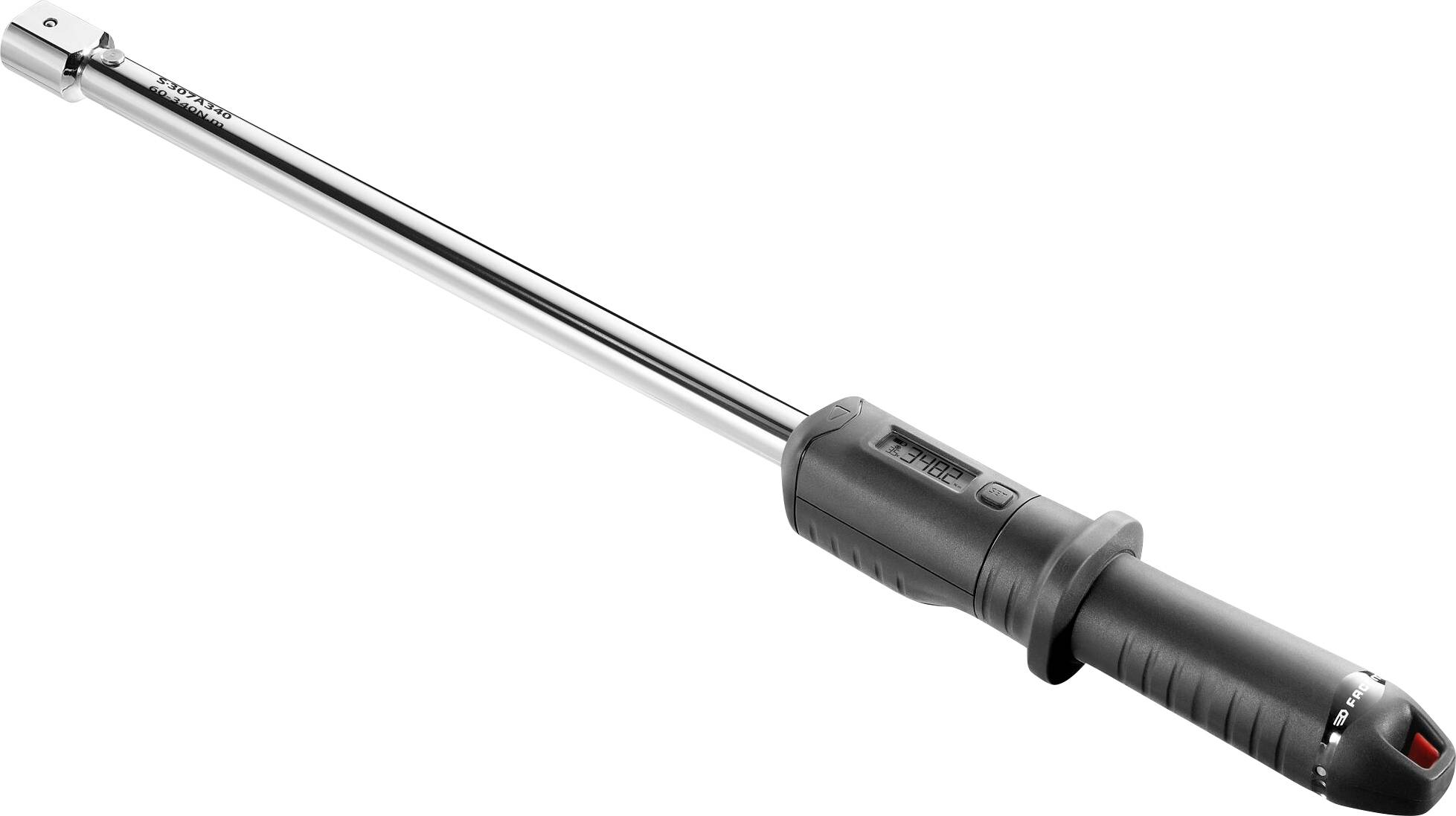 Torque wrench with a long handle and adjustment knob for setting torque values, used for precisely tightening screws.