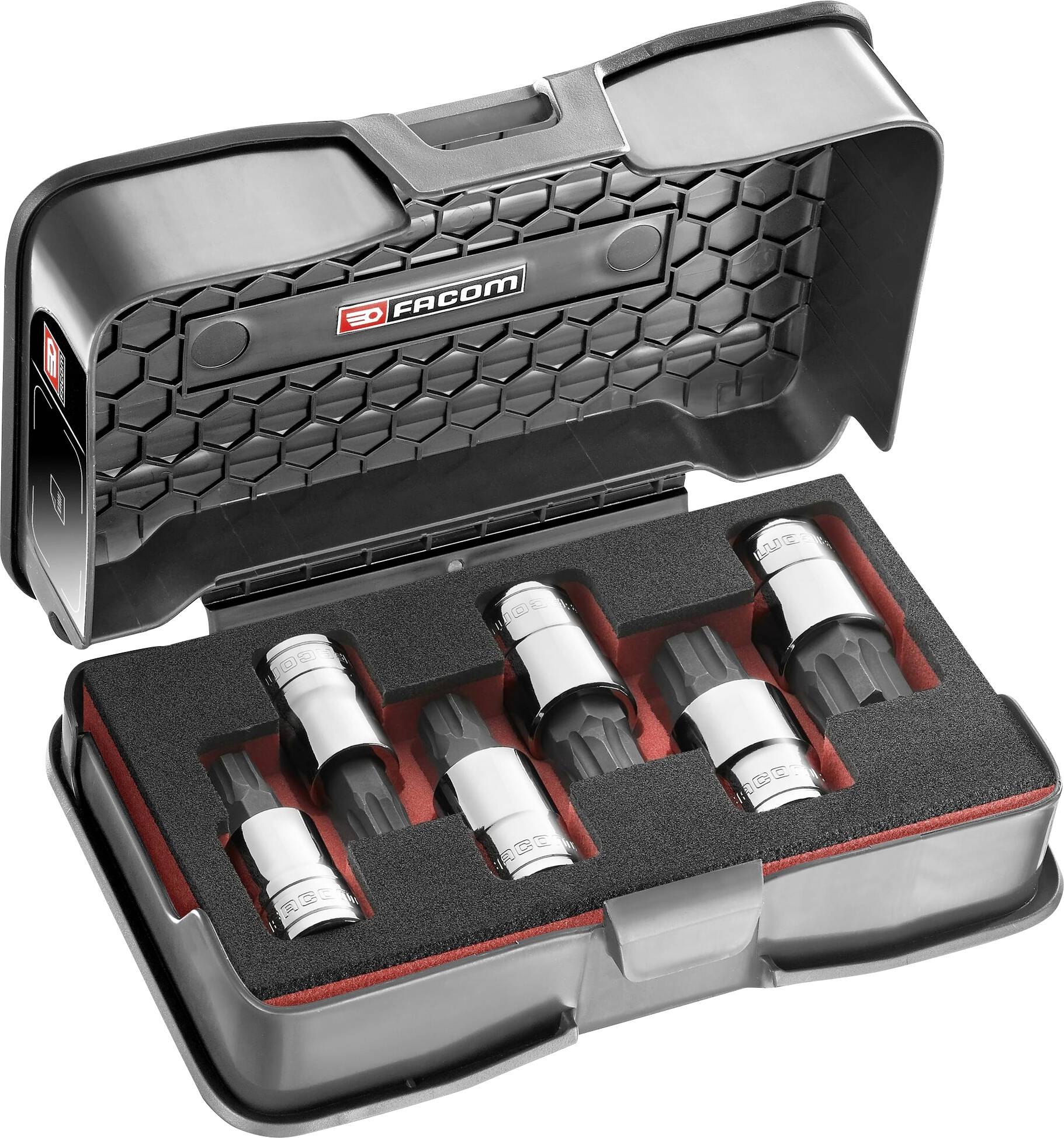Set of six white socket nuts in a black, foldable plastic case with foam lining, brand Facom.