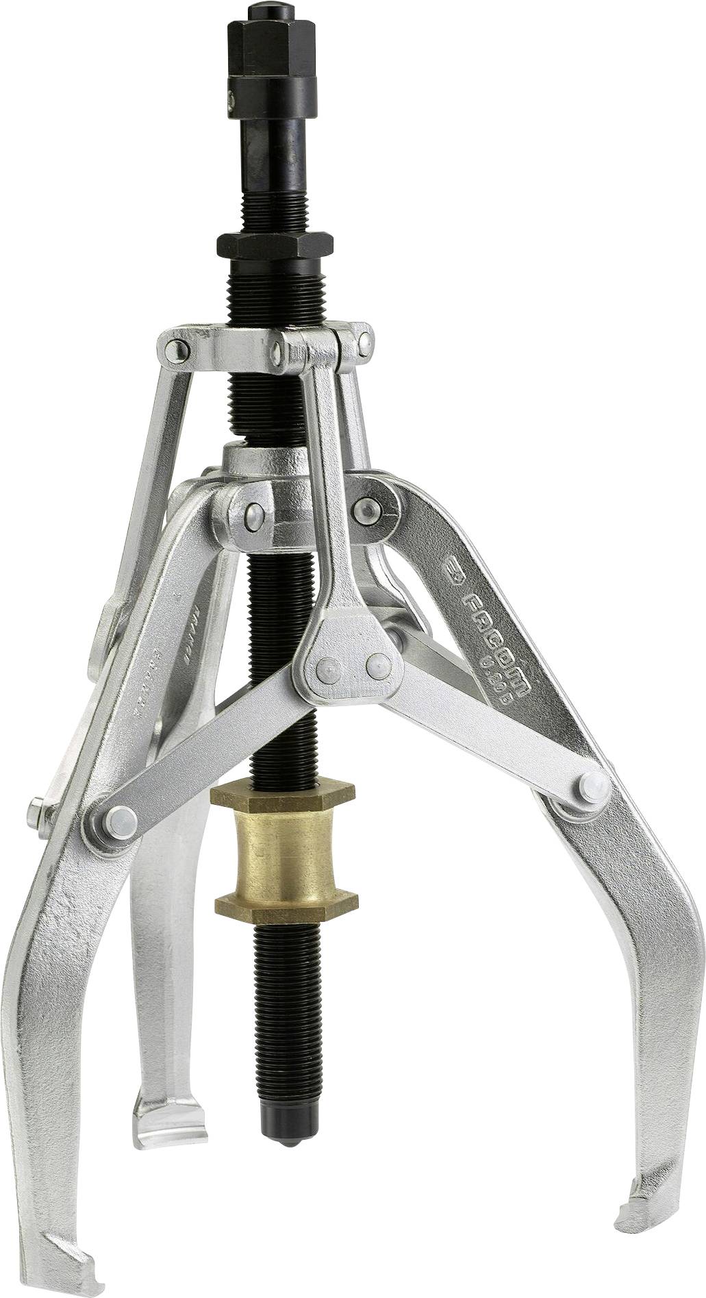 Auto puller with three arms, black spindle and bronze-coloured hub, used for removing stubborn parts.