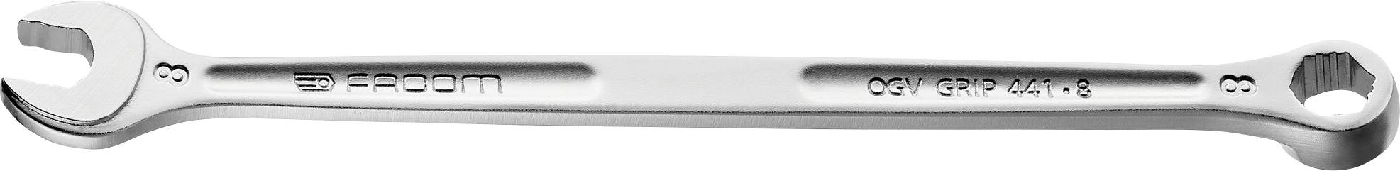 A silver, double-sided spanner with two different heads. The inscription 'Facom' and 'Ogv Grip 446 8' is engraved.