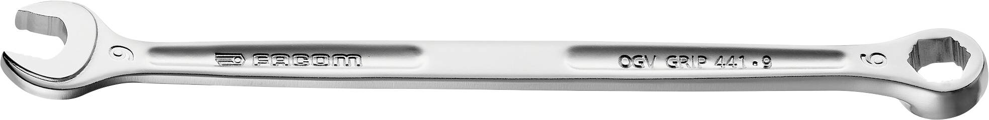 A double-ended spanner with an open-end and ring-end side, on which the size 