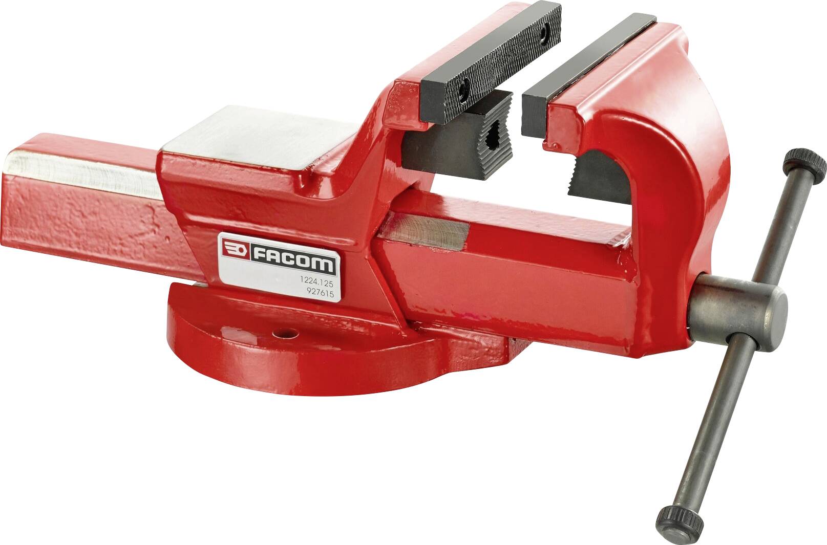 A large, red vice with a turning handle, suitable for securing objects during craftwork.
