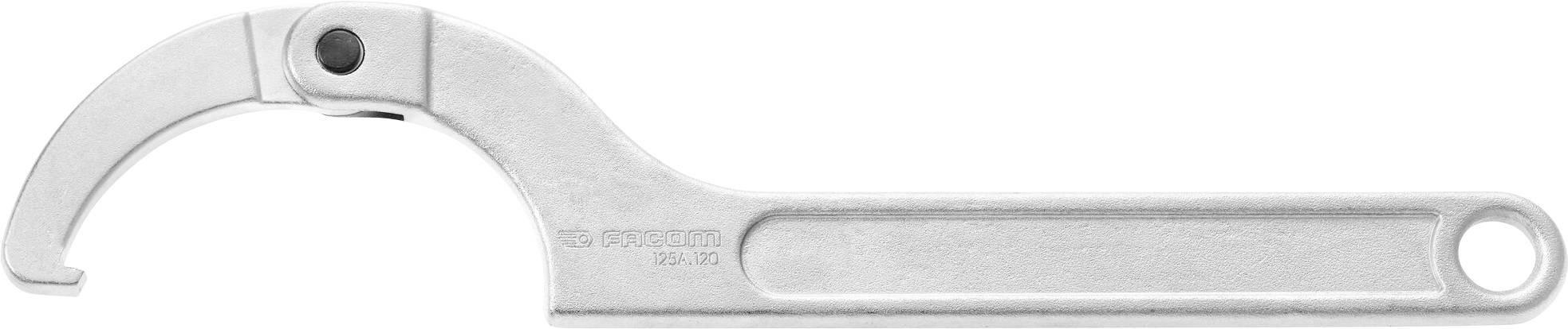 Silver metal hook spanner with a circular gripping end, usable for opening or closing threaded connections.