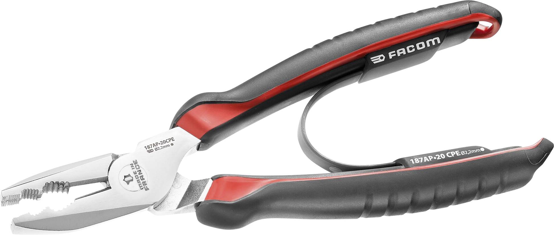 A red and black pair of pliers with ergonomic handles and the brand inscription 'Facom', suitable for gripping and cutting wires.
