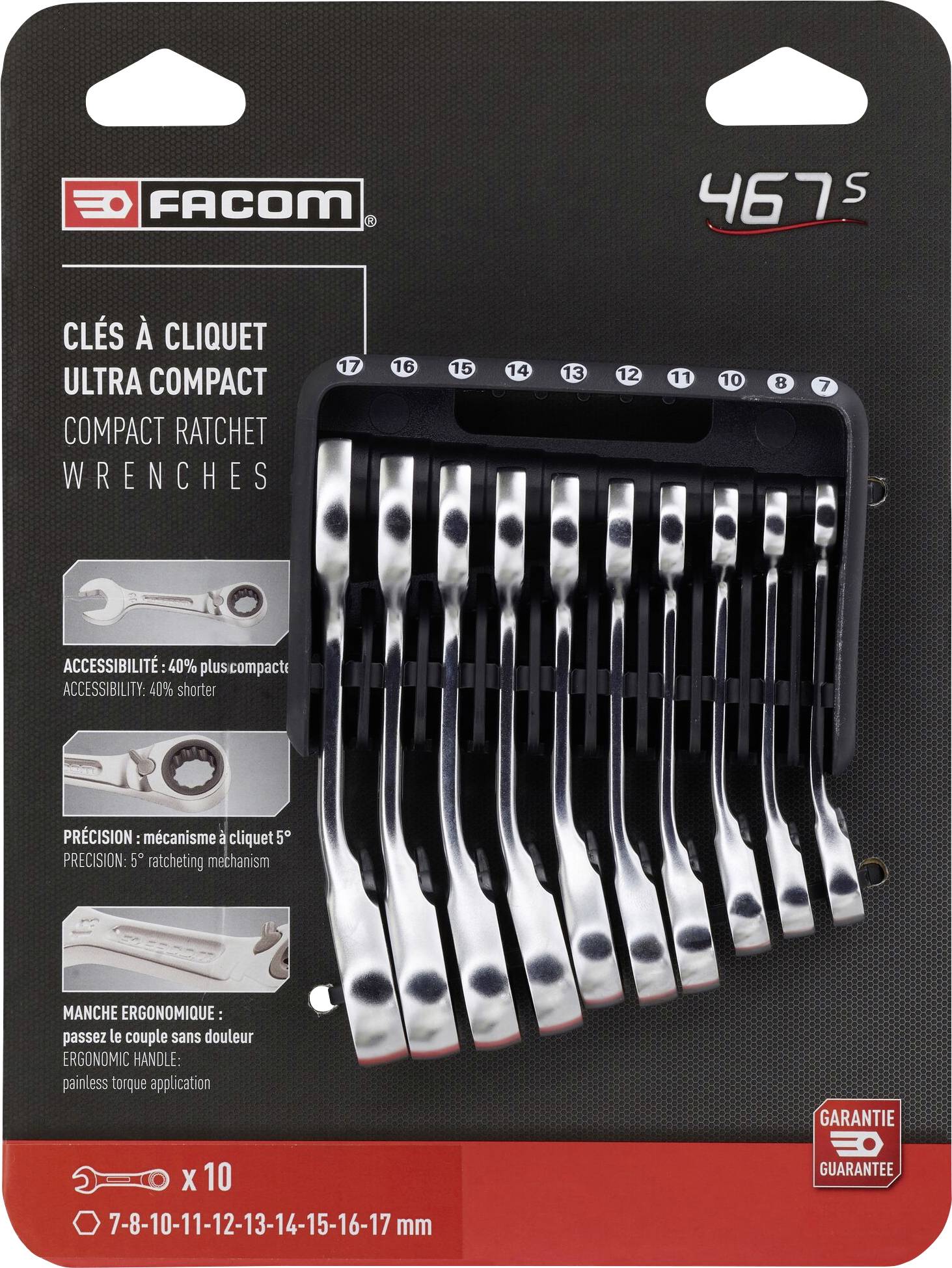 'FACOM 467S' ultra-compact ratchet ring spanner set, 10-piece, 7-17 mm. Improved accessibility and precision. Ergonomic handle.