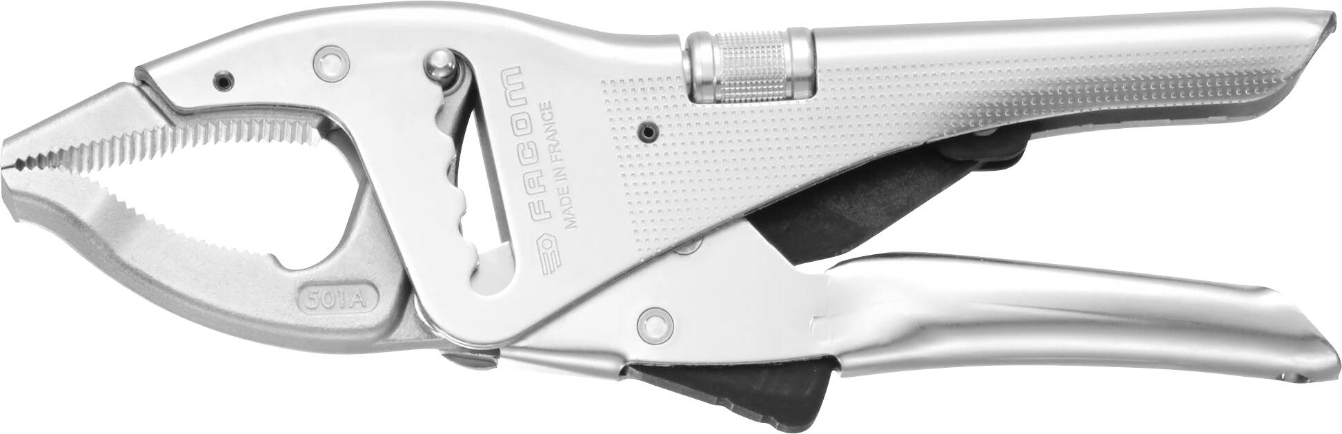 Metal adjustable pliers with serrated gripping area and locking mechanism, silver-coloured. Ideal for firmly gripping and holding objects.