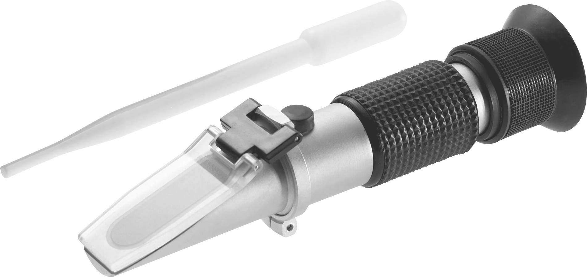 A refractometer with pipette, used for determining the refractive index of liquids, on a white background.