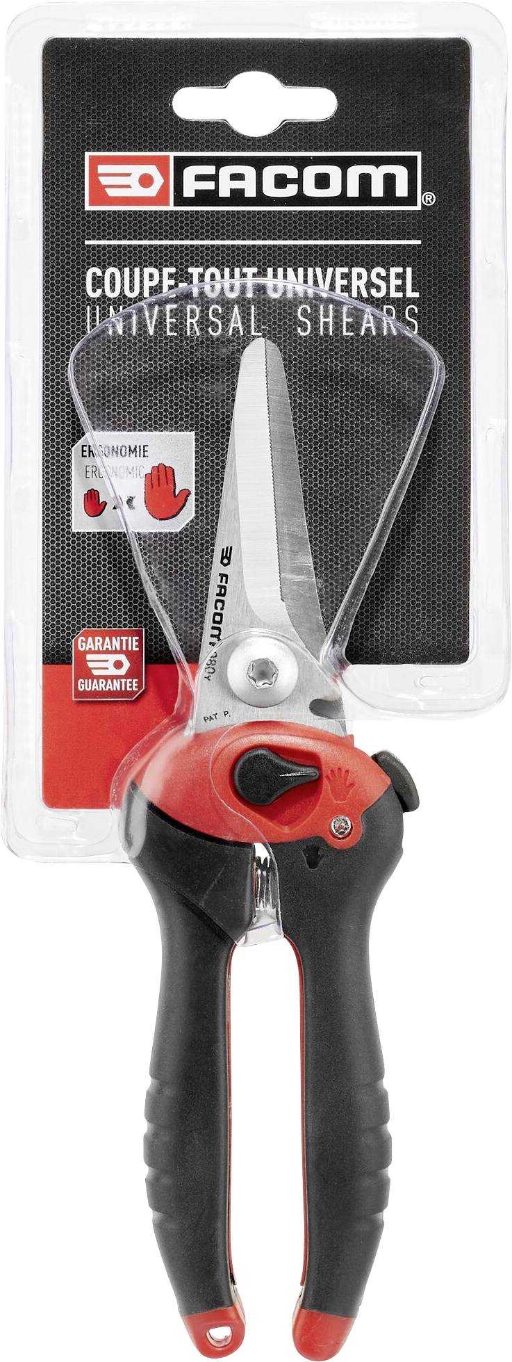 The packaging displays a black and red universal scissors by the brand Facom with an ergonomic handle. The text 'GUARANTEE' is visible.