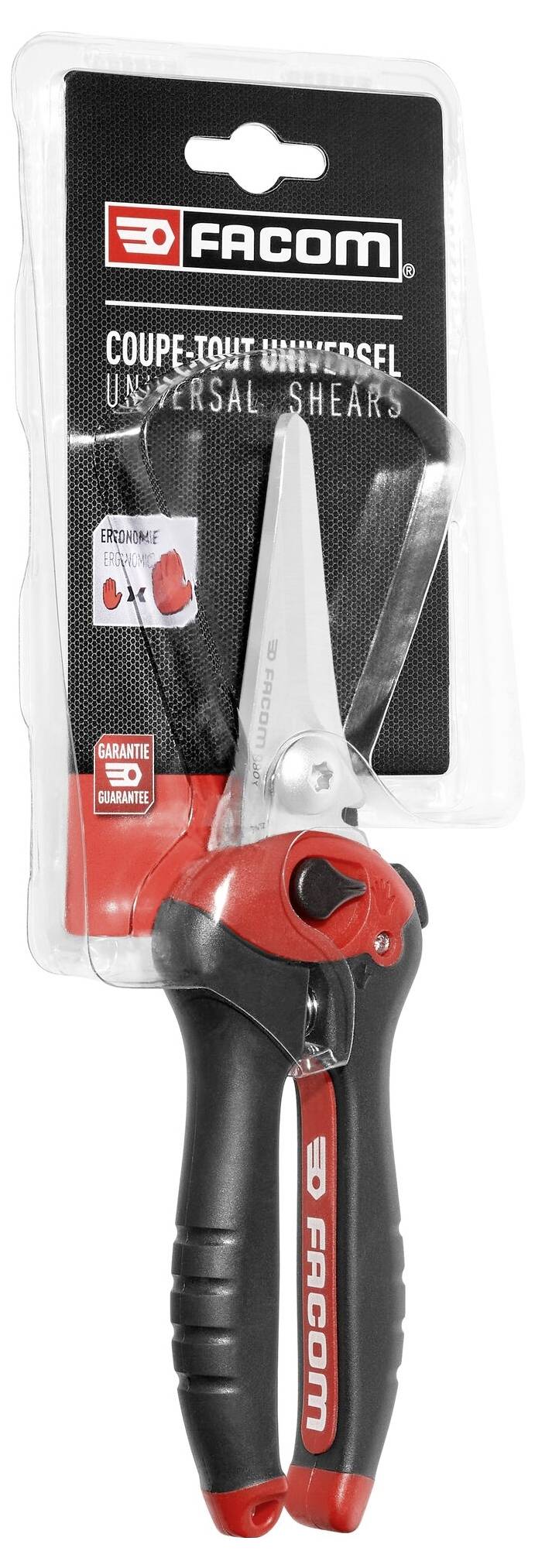A black and red universal scissors by Facom in packaging. Suitable for various materials.