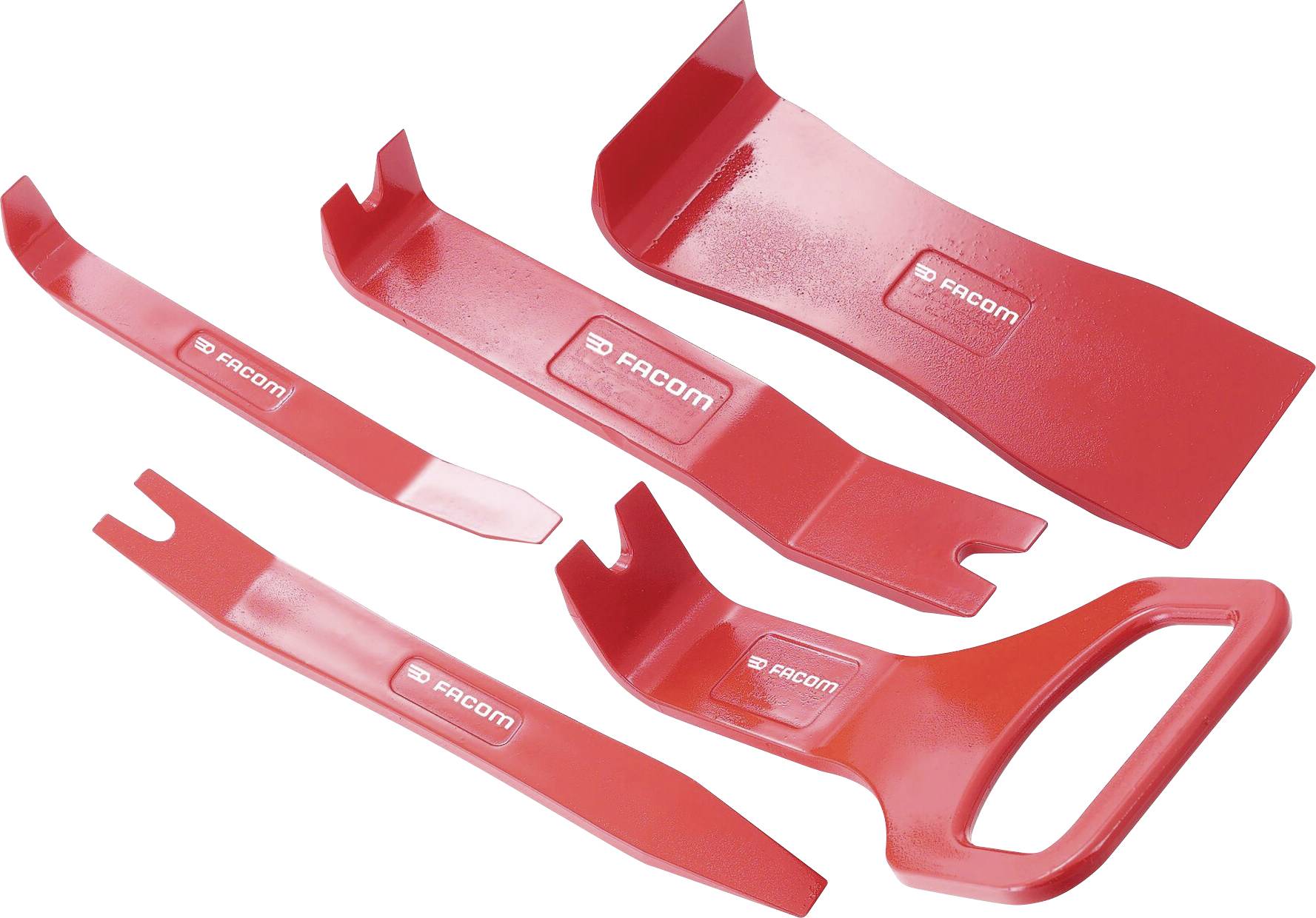 Five red plastic tools for dismantling car trim parts. Different shapes for various applications.