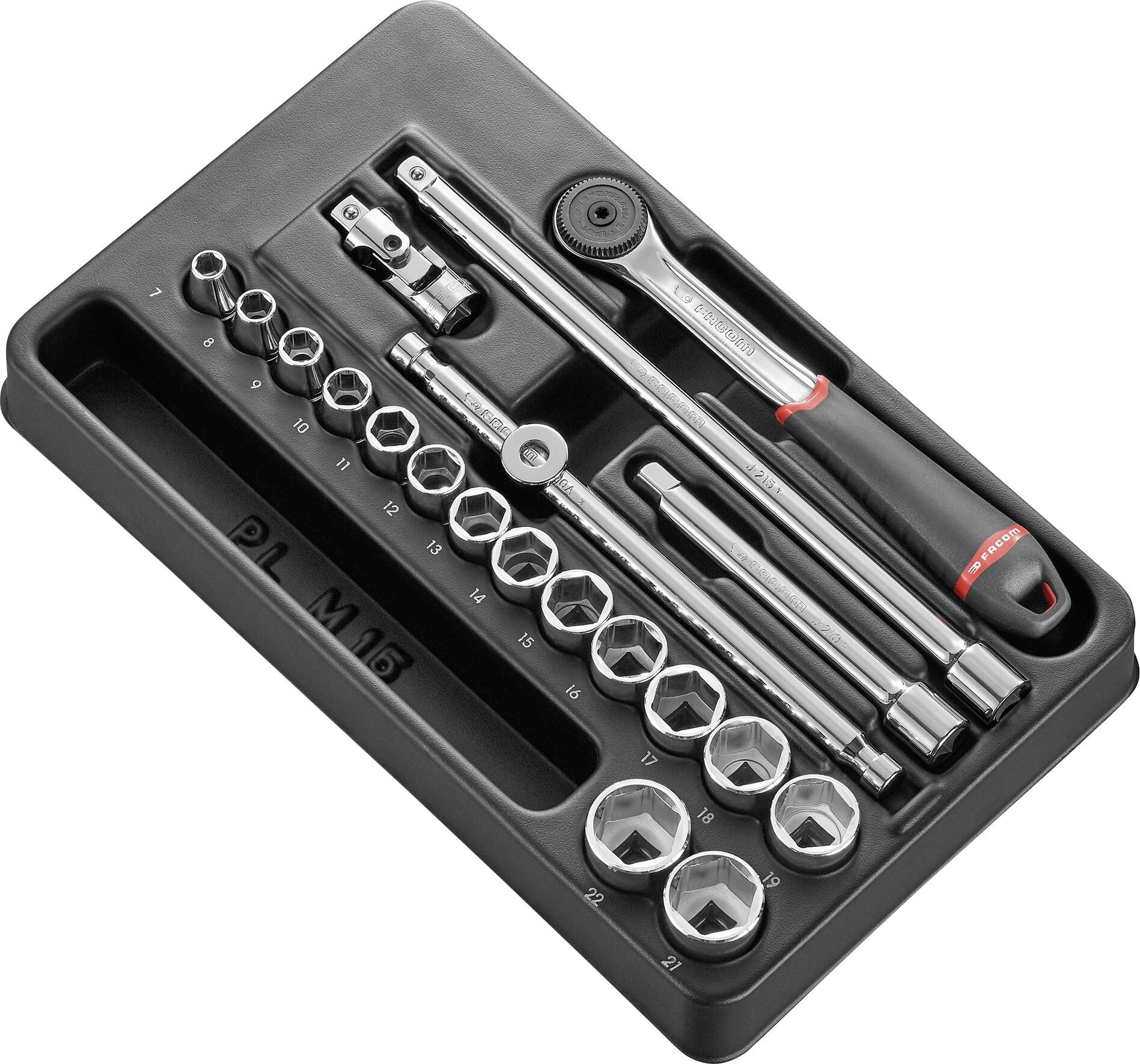 Set of socket keys and ratchet in a black plastic holder. The tools are arranged in various sizes.