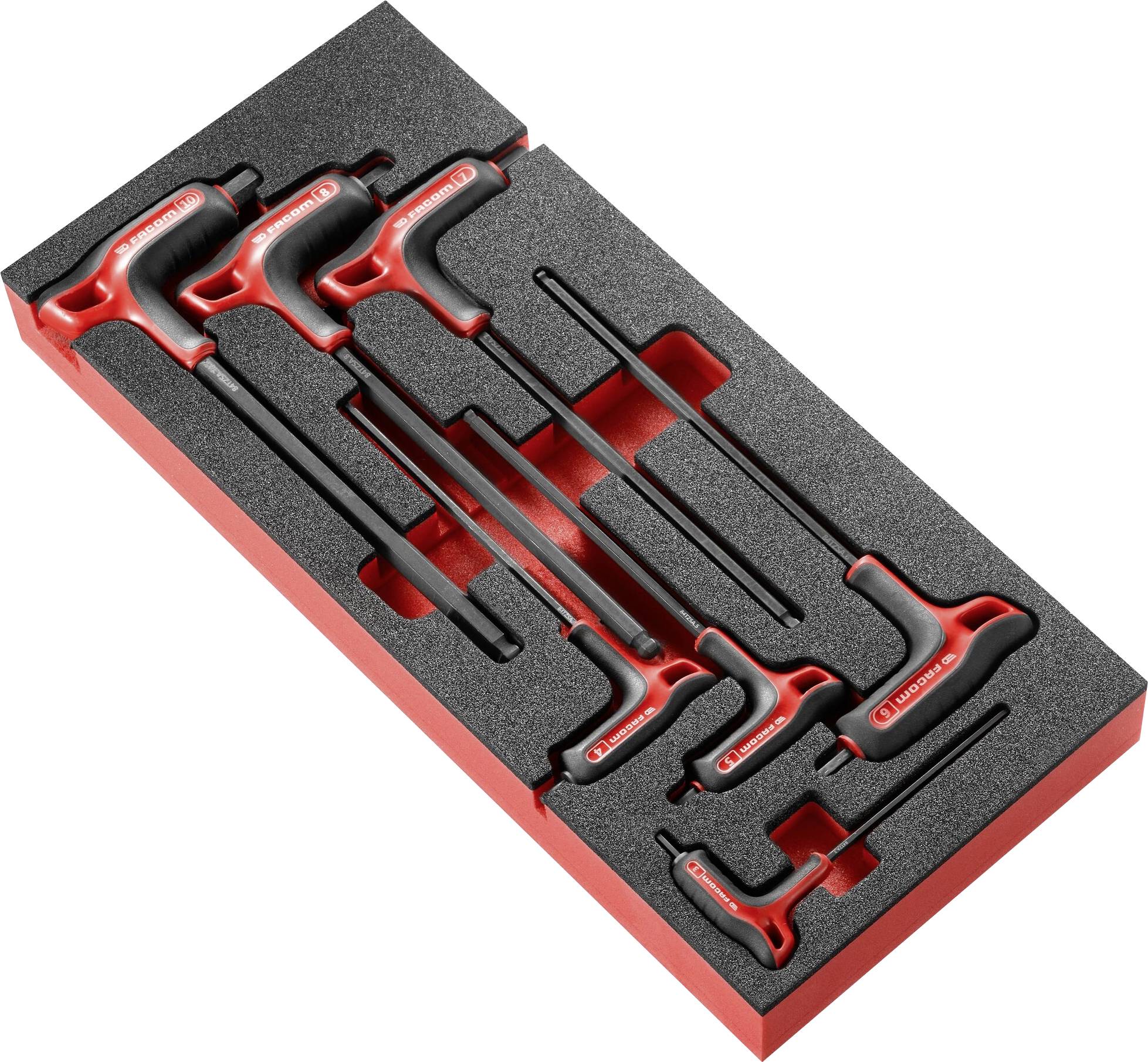 A set of six T-handle hex keys in a black foam holder. The handles are red and marked with identification labels.
