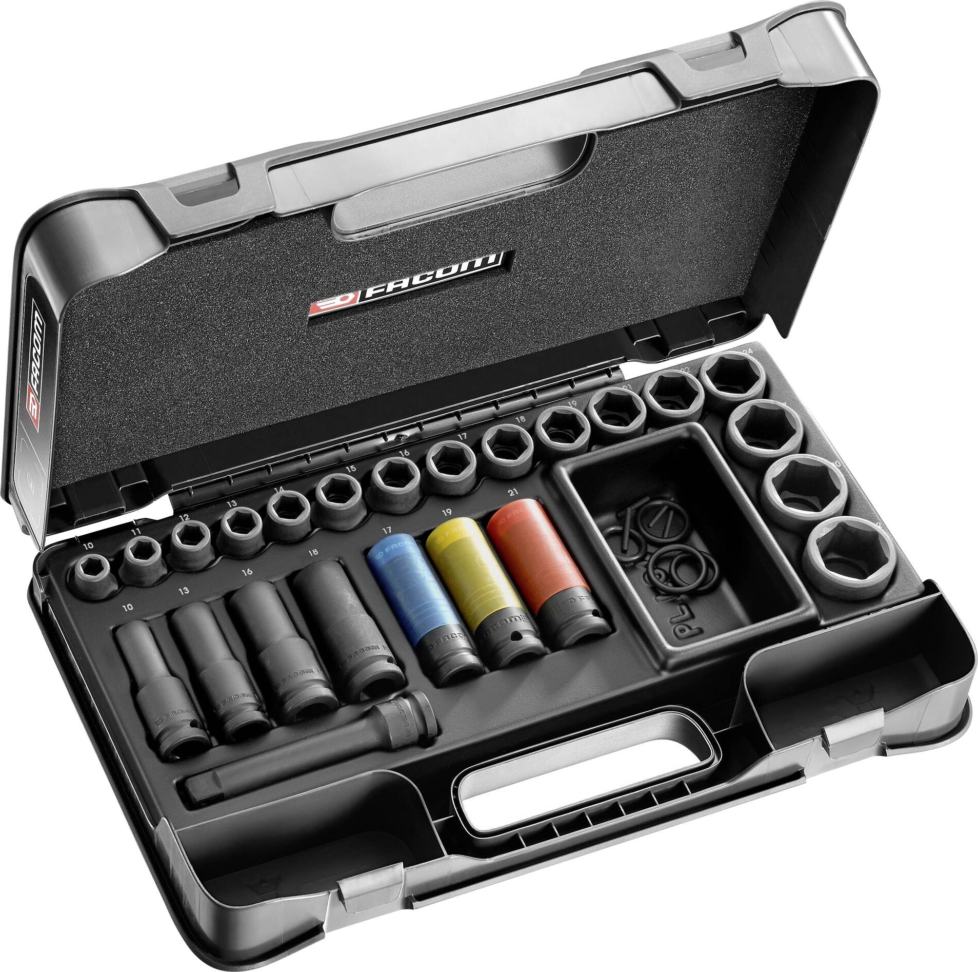 Socket wrench set in a black case with various sizes and coloured screwdriver bits, neatly organised and ready for use.