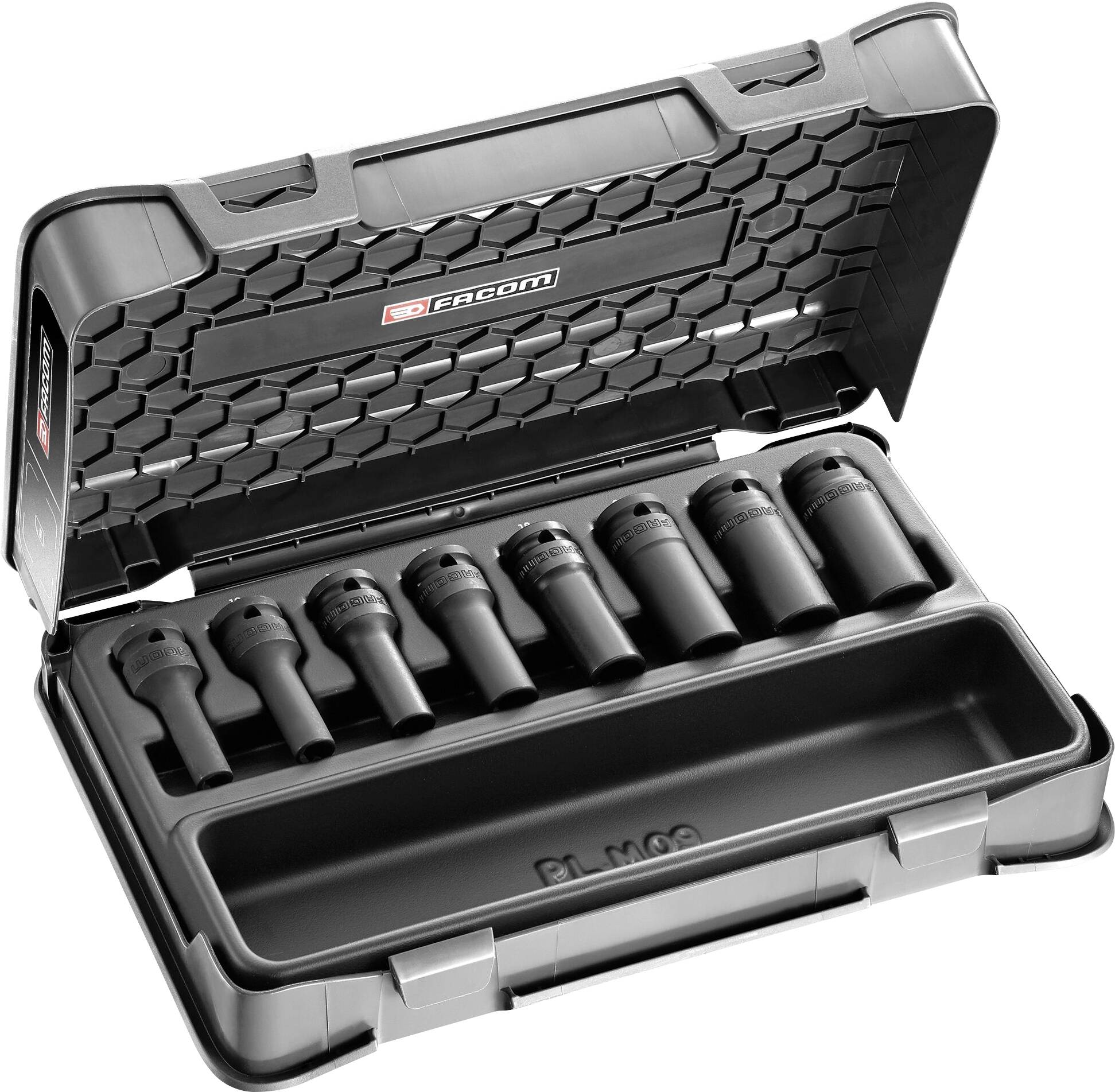 An open plastic case containing a set of eight socket wrenches in various sizes, neatly organised and ready for use.