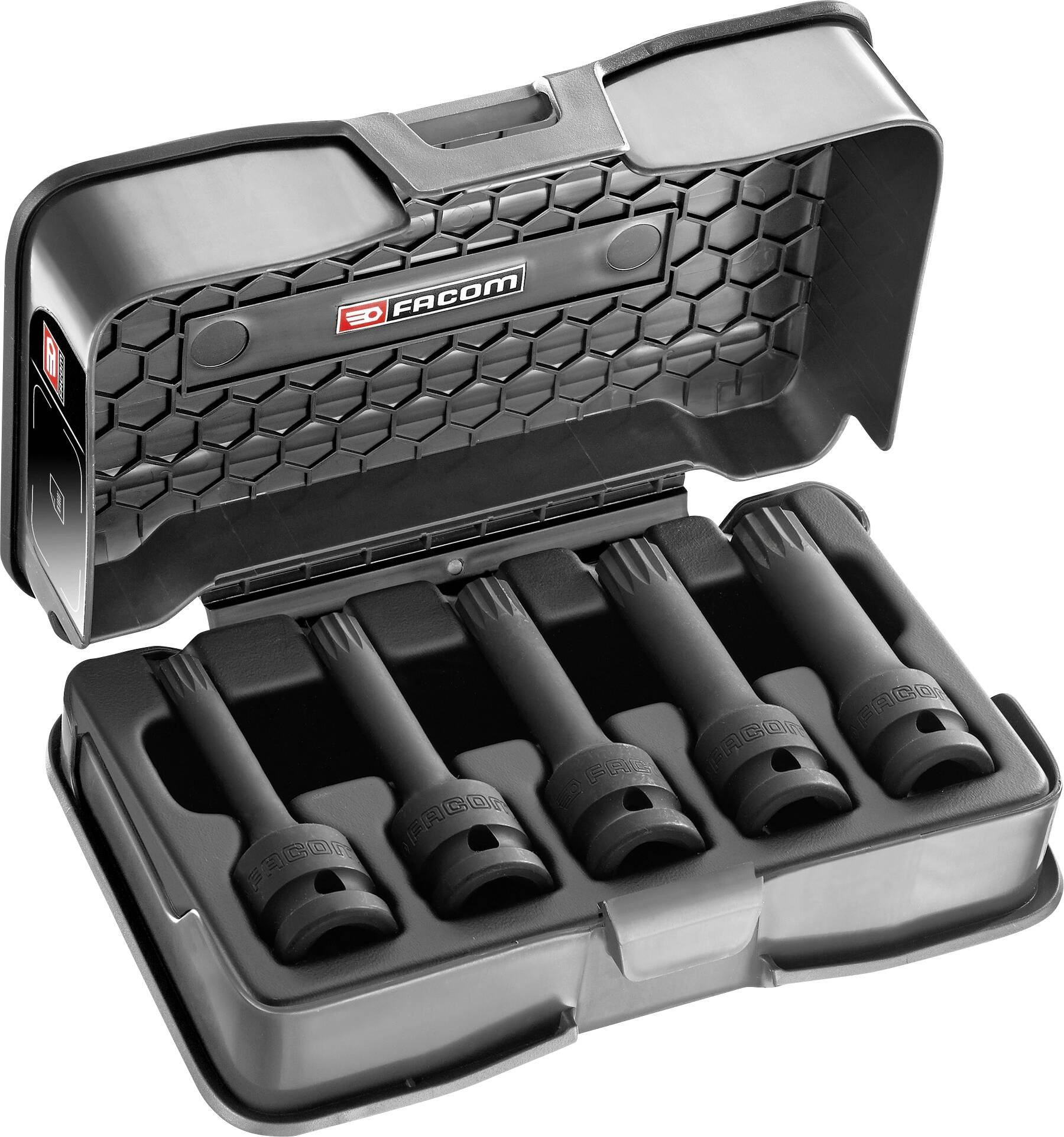 A black toolbox with four socket wrenches, arranged in foam inserts.