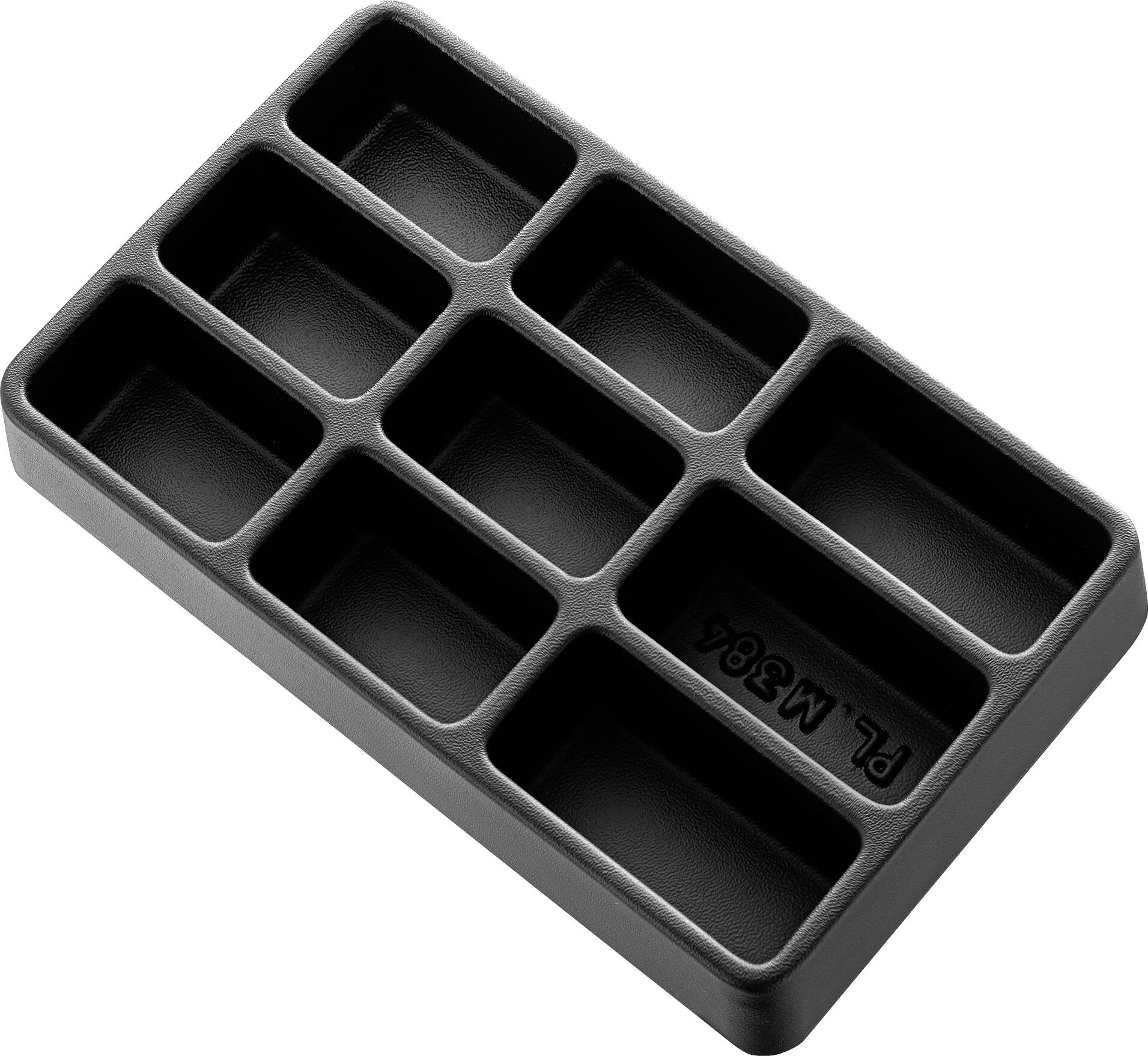 Black plastic tray with nine rectangular compartments for organising small items.