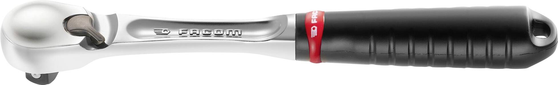 A chrome-gleaming pistol with a black grip and red accent ring.