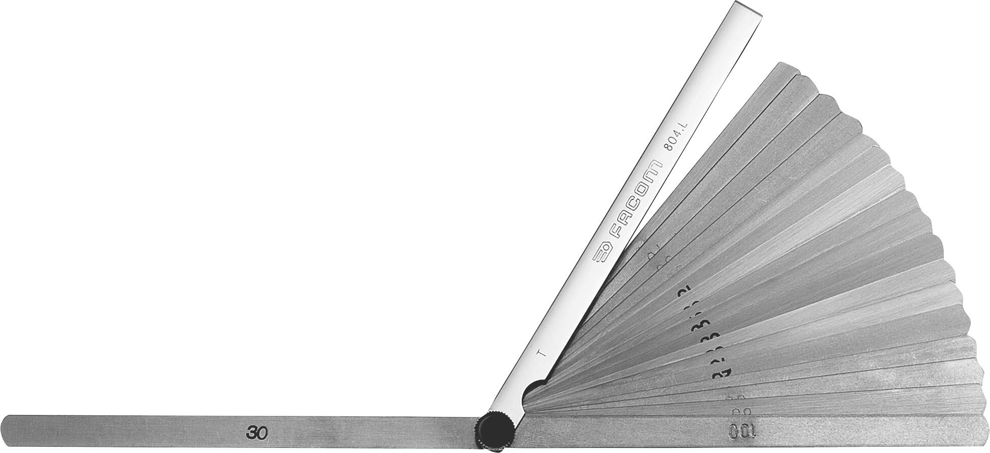 A feeler gauge set with multiple metal blades of varying thicknesses for measuring gap widths.