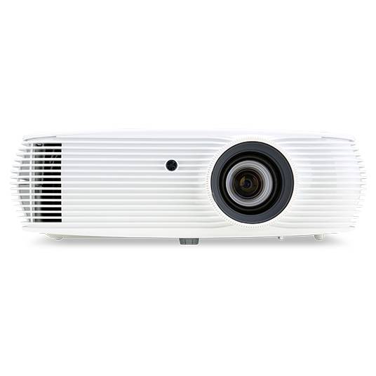 A white projector with a large lens in the centre, suitable for presentations or home cinema.