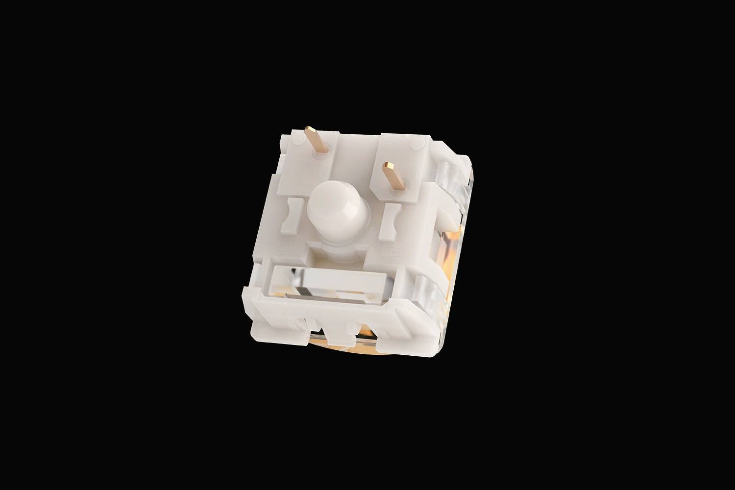 A mechanical keyboard switch on a black background. The switch is square with visible metallic contacts.