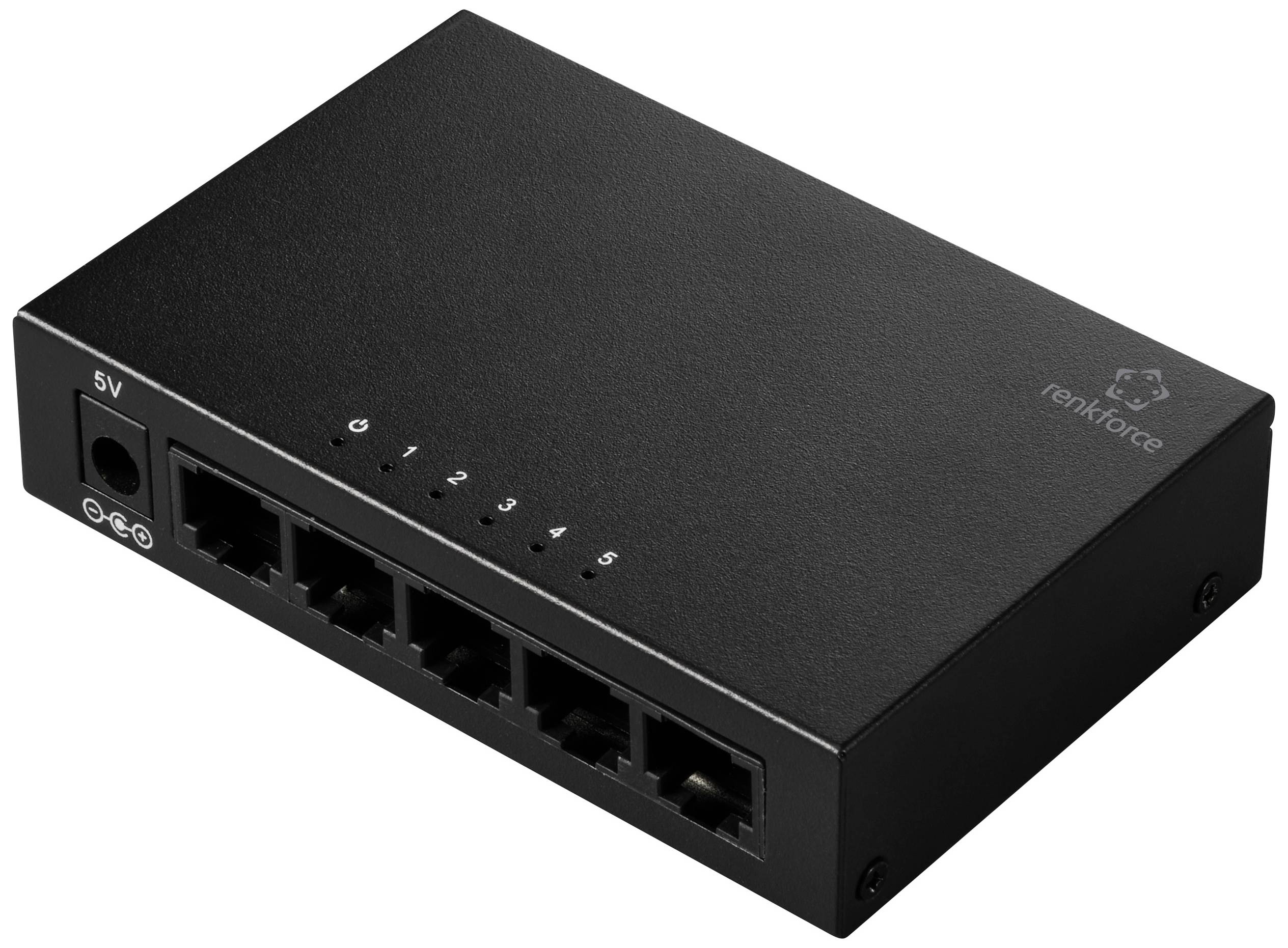 A black network switch with five Ethernet ports, suitable for connecting multiple devices in a local network.