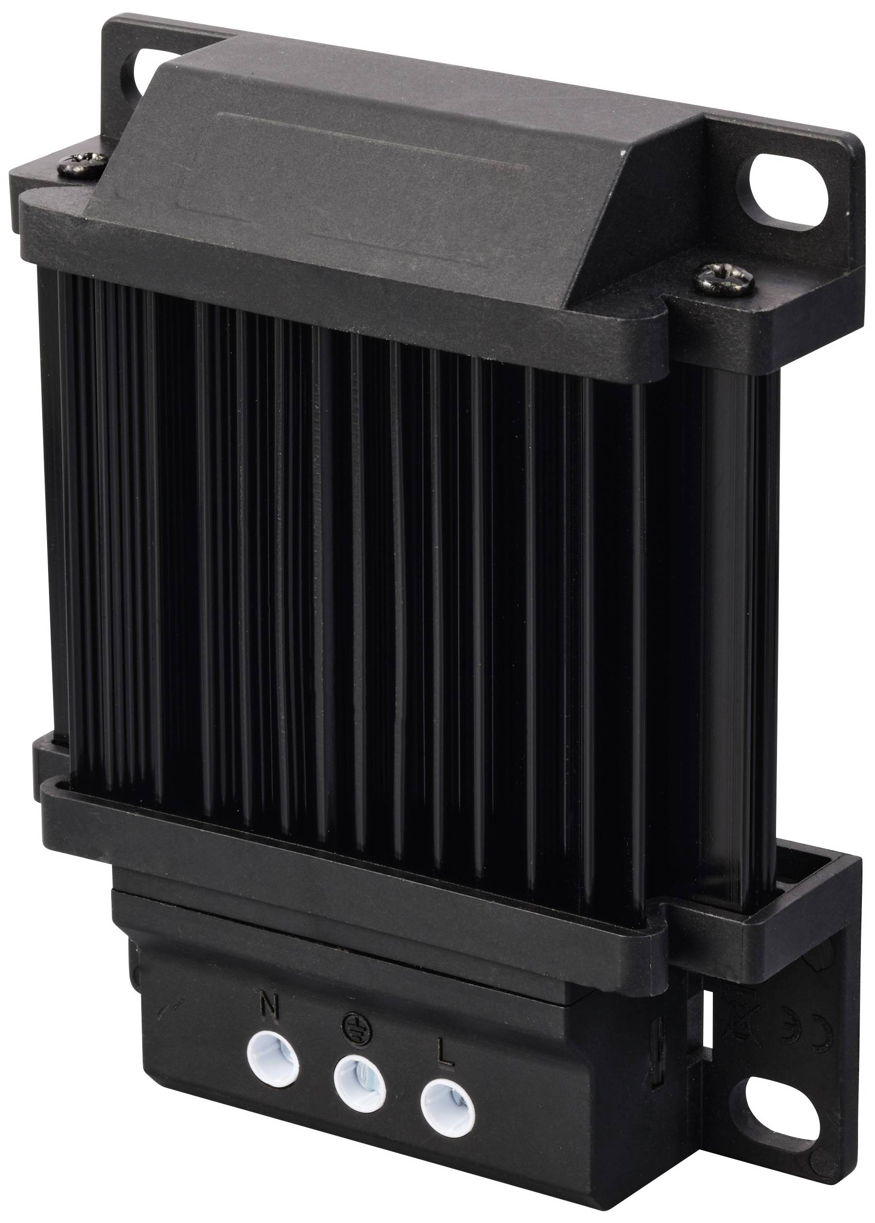 A black electronic radiator with vertical fins. Three terminal connectors at the bottom for electrical connections.