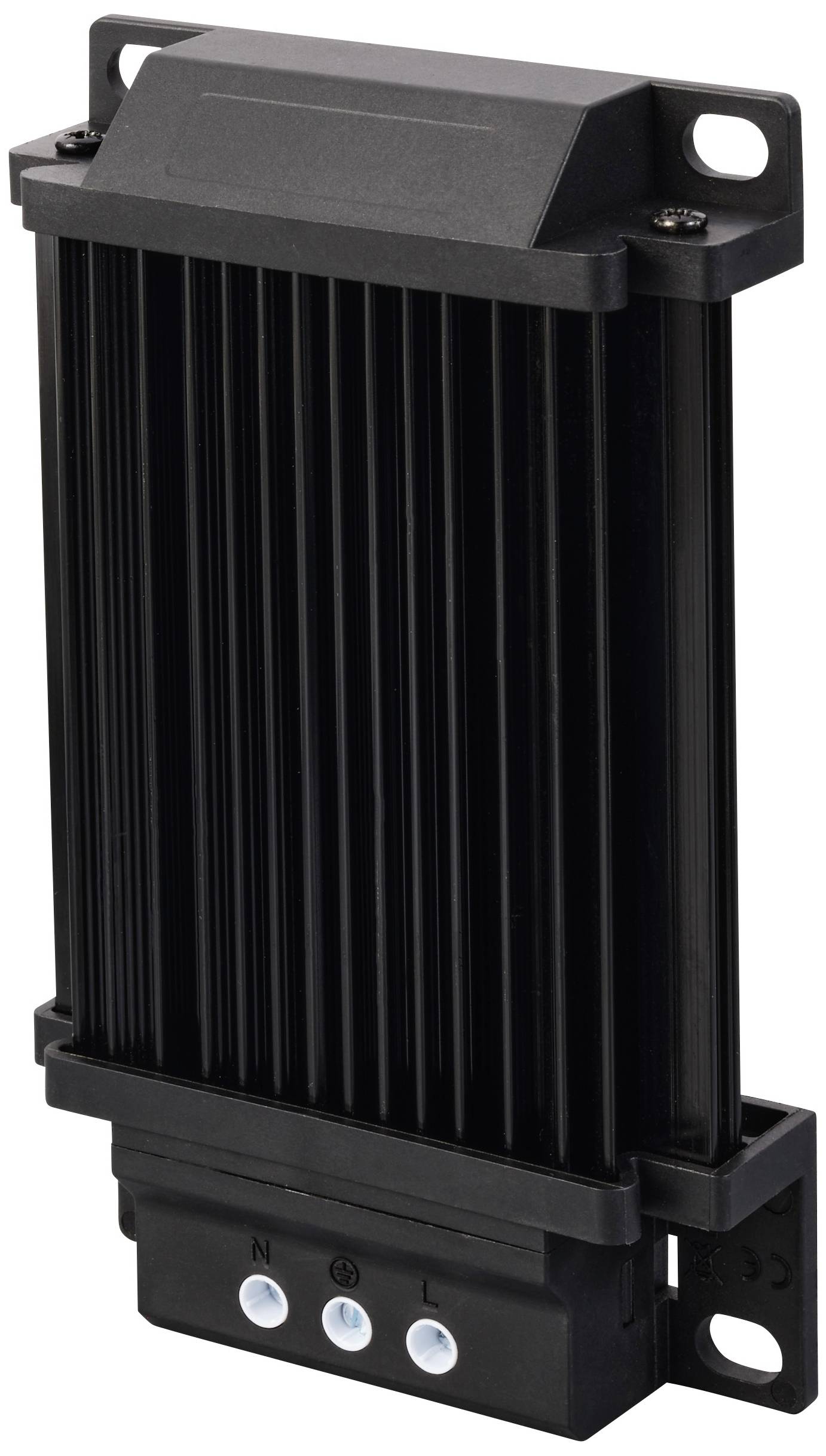 A black radiator with vertical fins; compact rectangular shape, mounting holes at the corners, connections at the bottom.