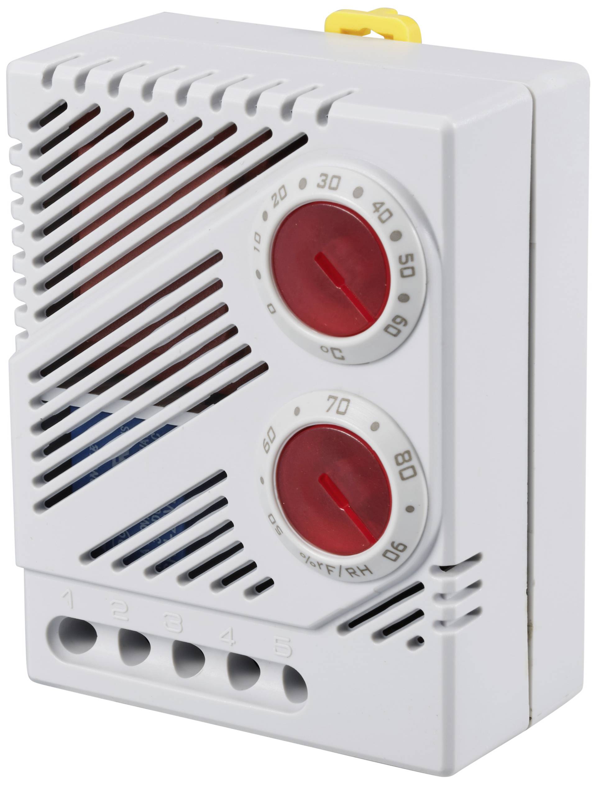 A white housing with two red rotary controls for temperature and humidity to regulate air conditions.