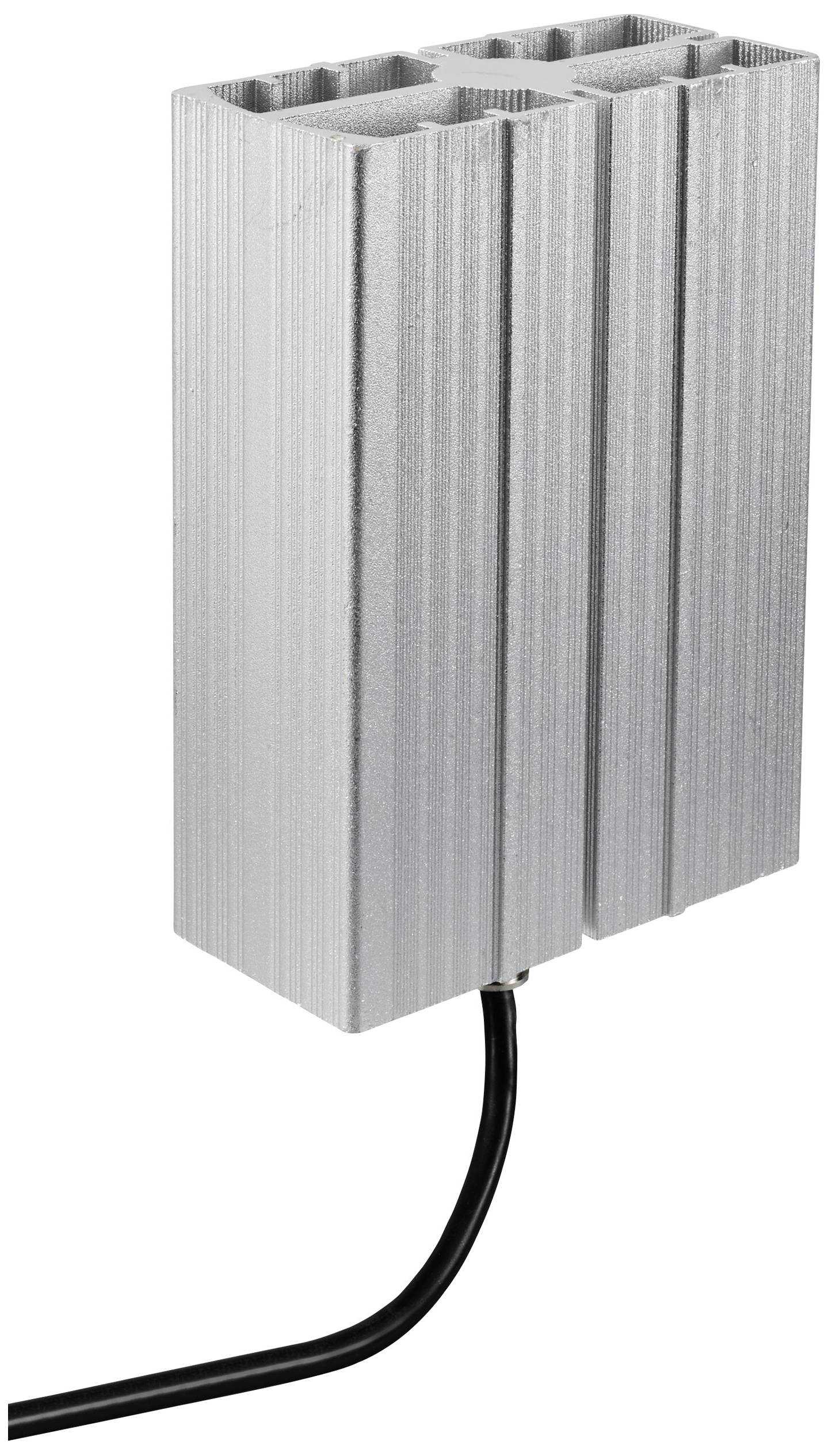 An aluminium rectangular radiator with cooling fins and a black cable attached to its underside.