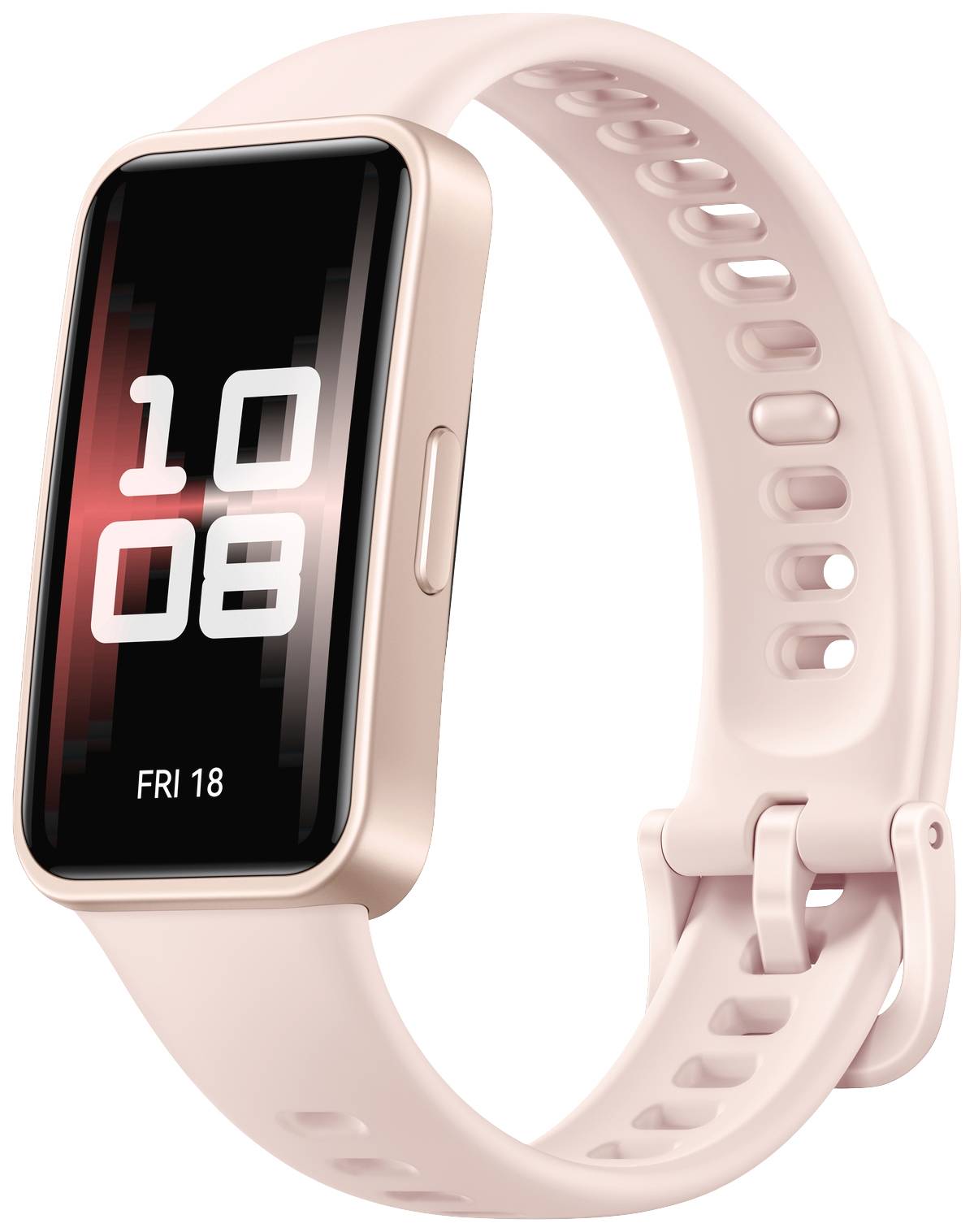 White and Pink Fitness Tracker with Digital Display in White and Red; shows time and date; rectangular design with silicone strap.