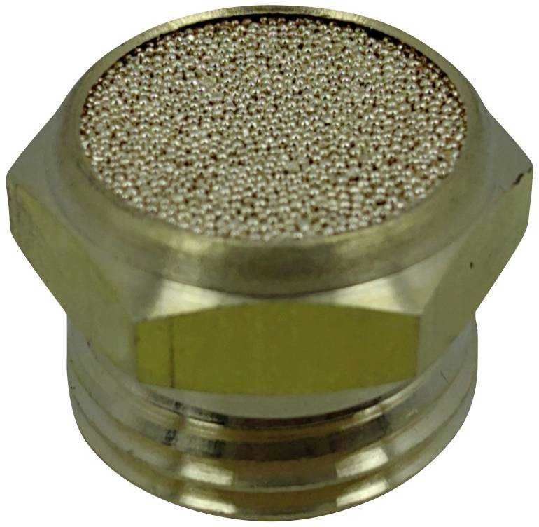 A metal filter with a hexagonal edge and a surface composed of many small, bright spherules, likely used for air or liquid filtration.