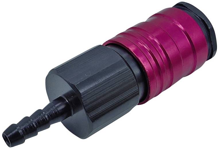 Red and black quick-release pipe connectors with a rectangular shape, made of plastic material, used in air or fluid systems.
