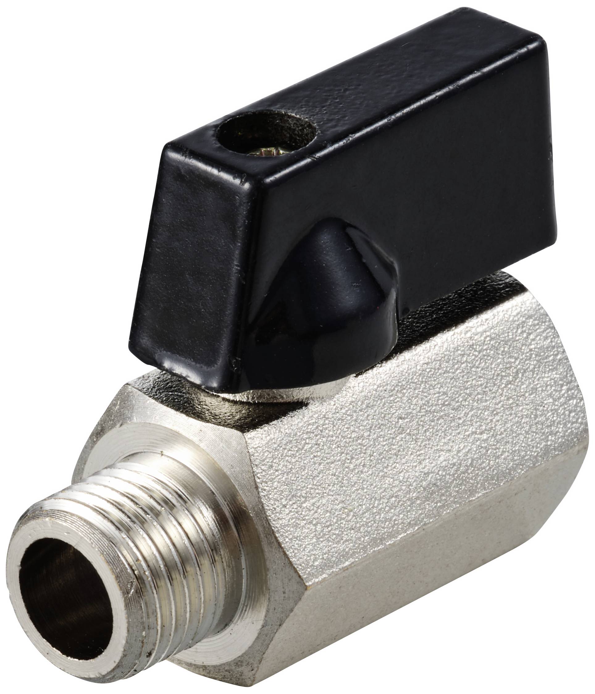 A silver angled valve with a black lever handle pointing upwards. The valve body has an external thread on the left side.