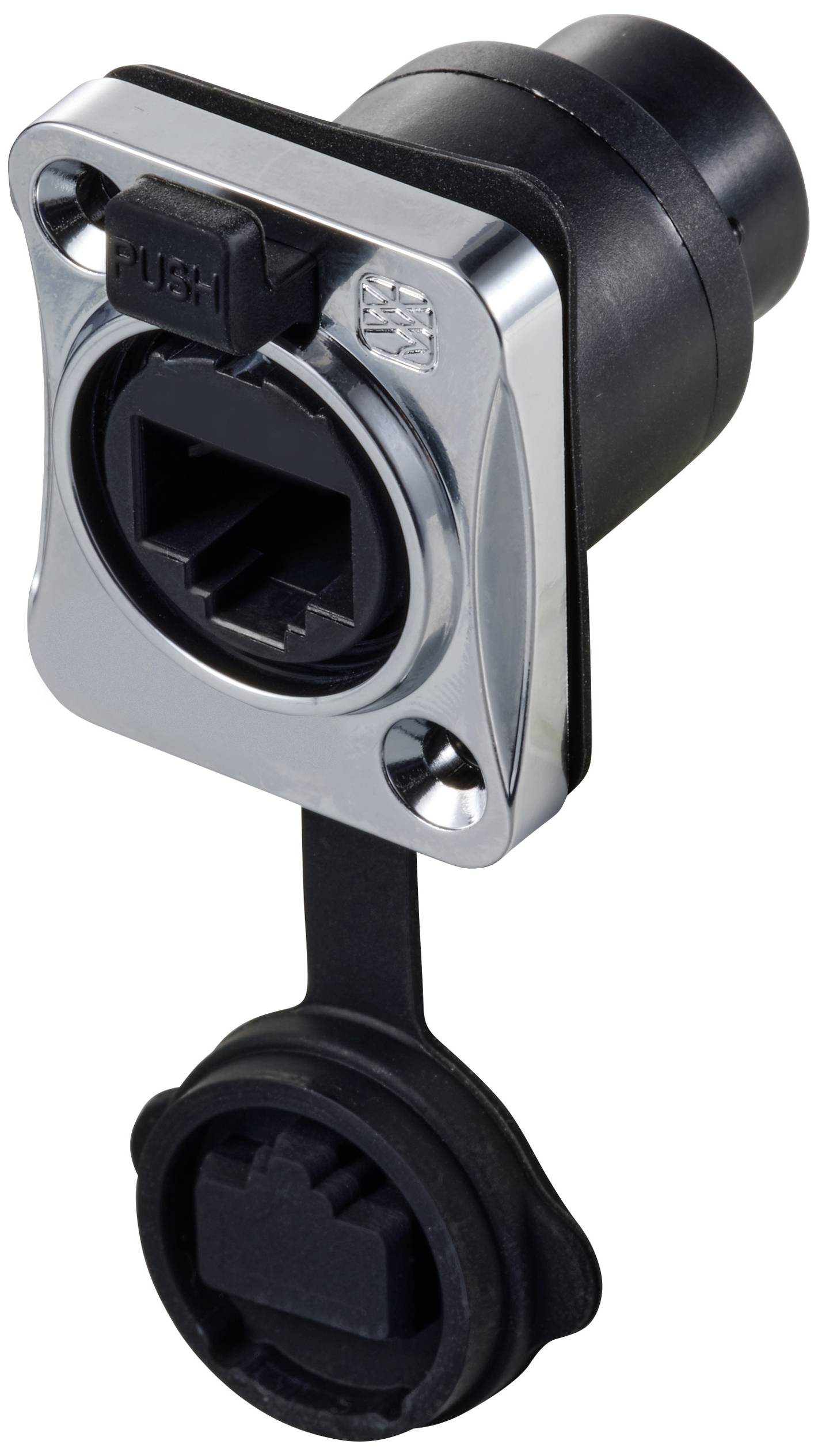 Network socket with removable cover and push-lock mechanism, made of metal and plastic, for secure cable connection.