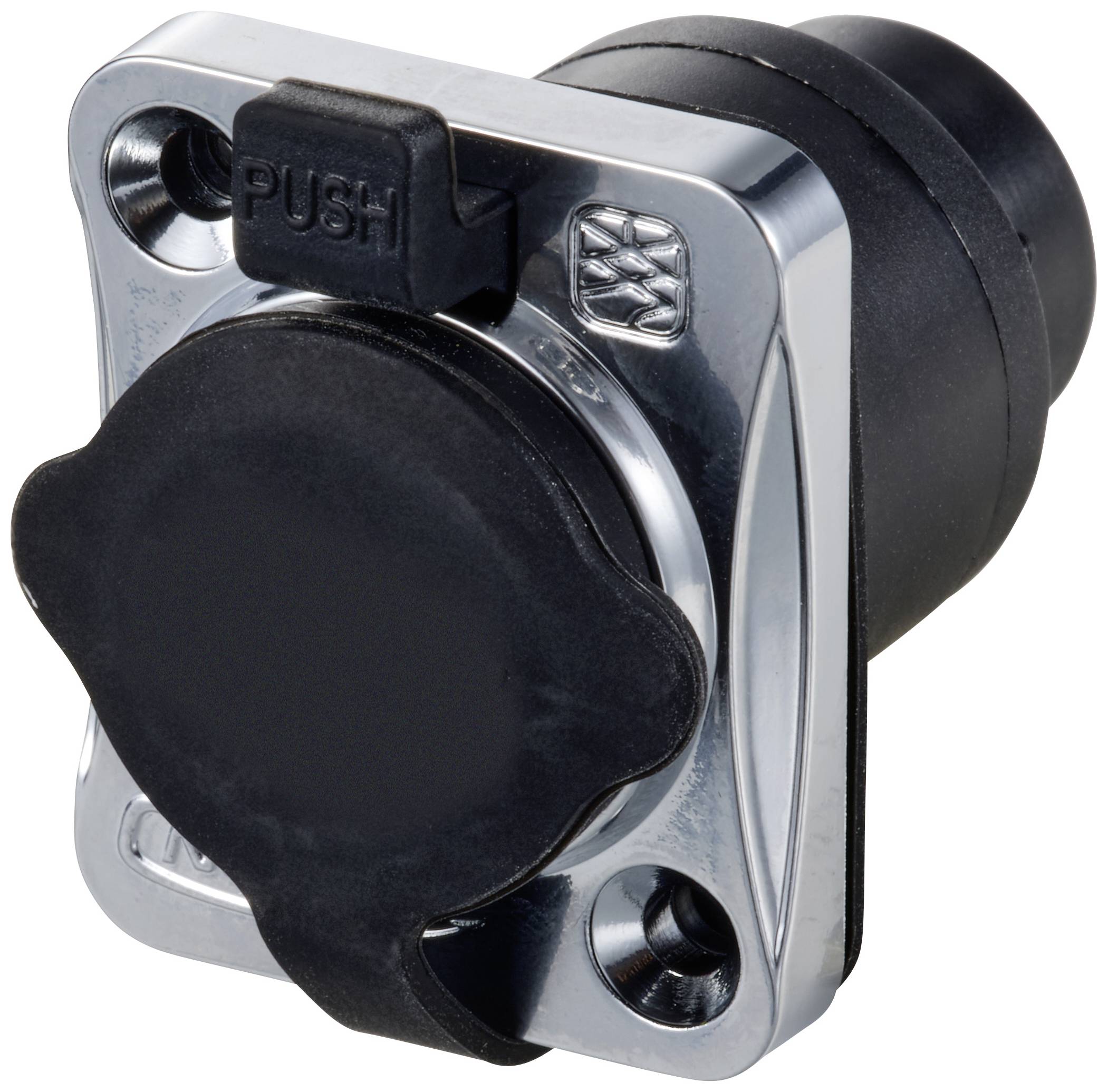 A black square push button with 'PUSH' printed on the top surface, mounted in a silver frame.