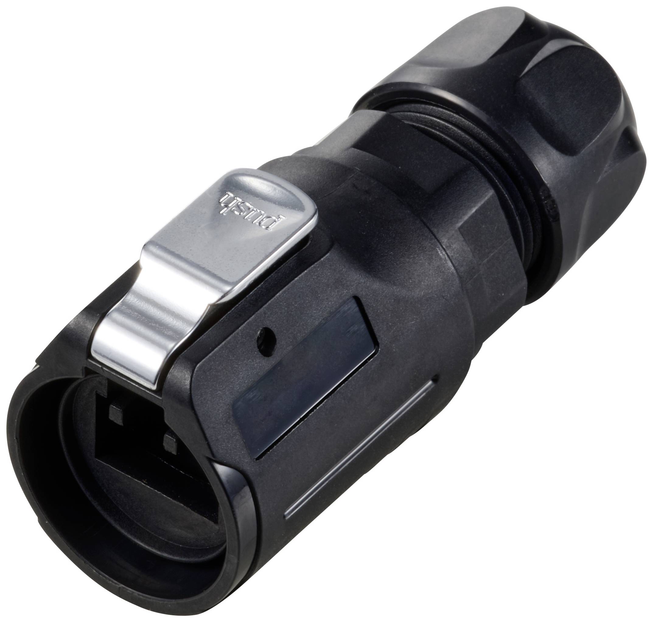 A black, cylindrical adapter with a metal clip on the side. Suitable for electrical connections.