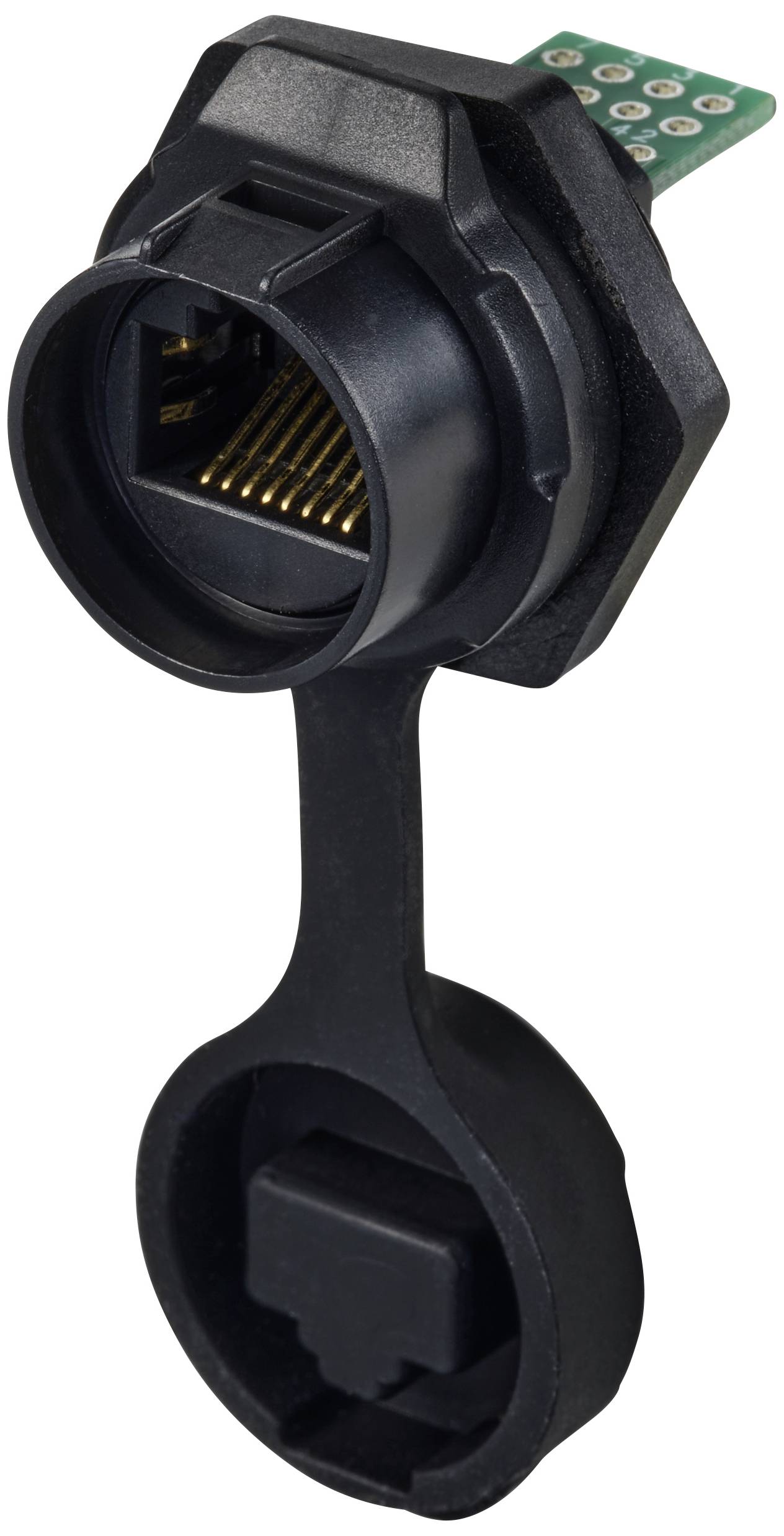 A black RJ45 network socket with a removable cover, mounted on a small circuit board, against a neutral background.