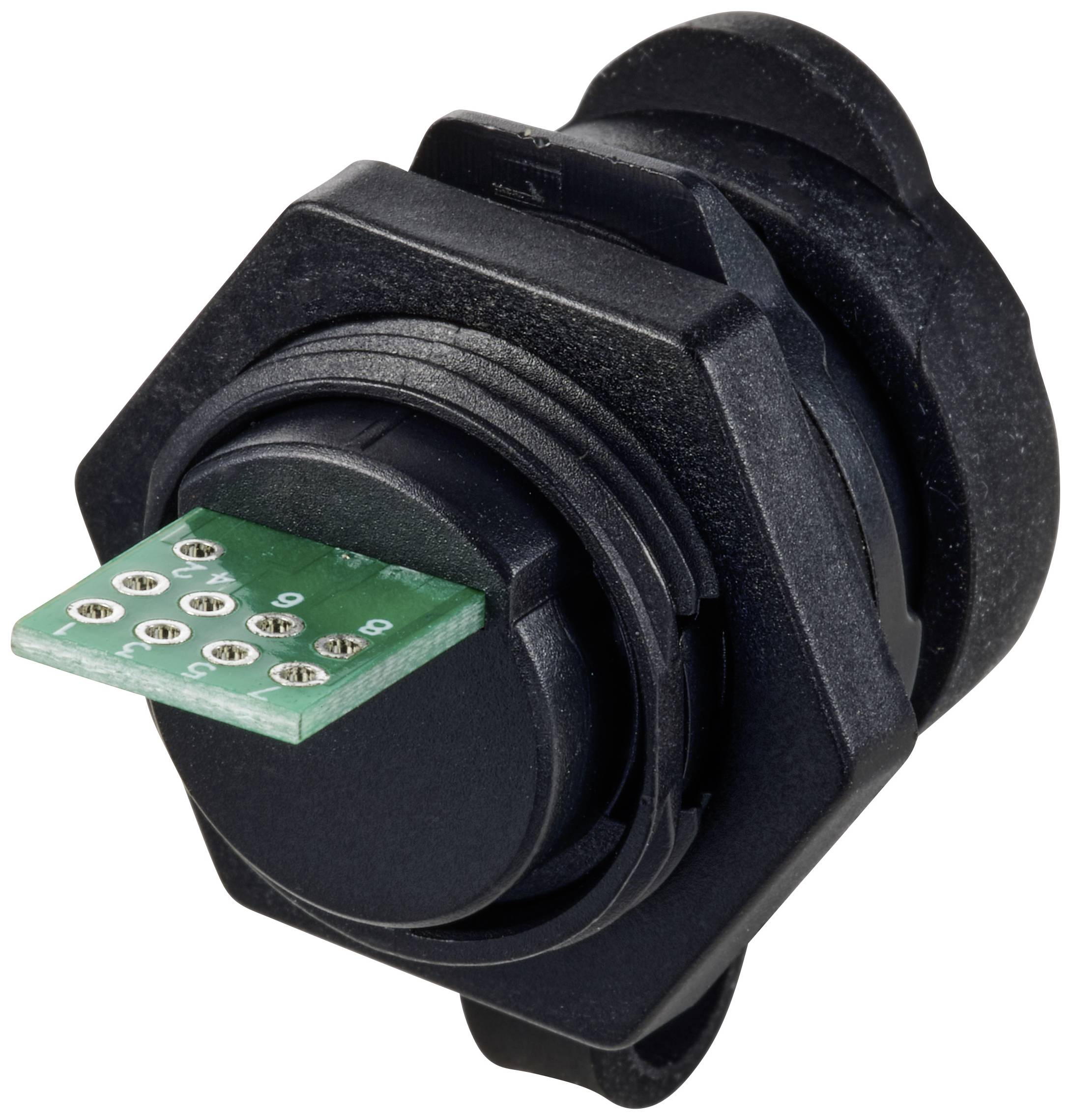 Round black rotary switch with green, circuit board-like connector, showing technical components, suitable for electrical applications.