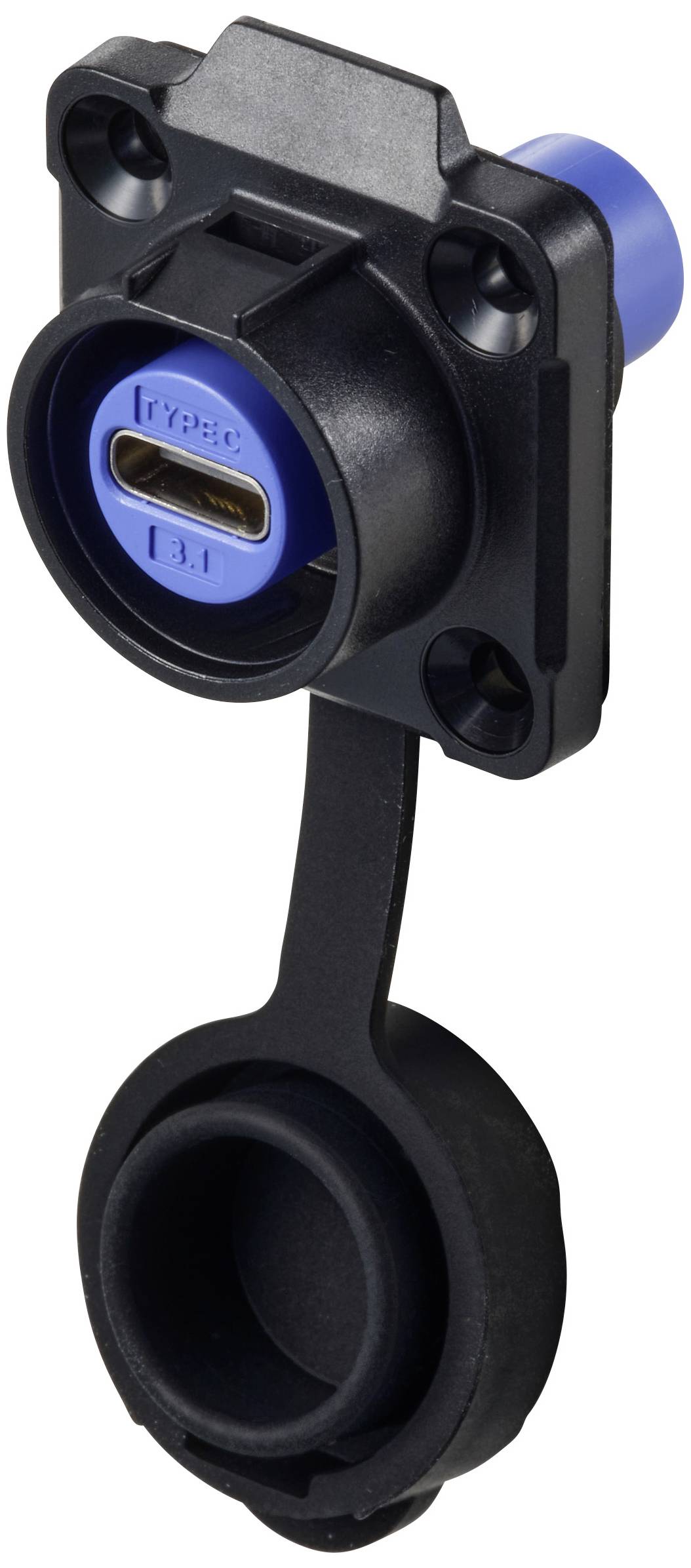 A USB Type-C 3.1 port in a black housing with a blue inner component and a detachable protective cap underneath.