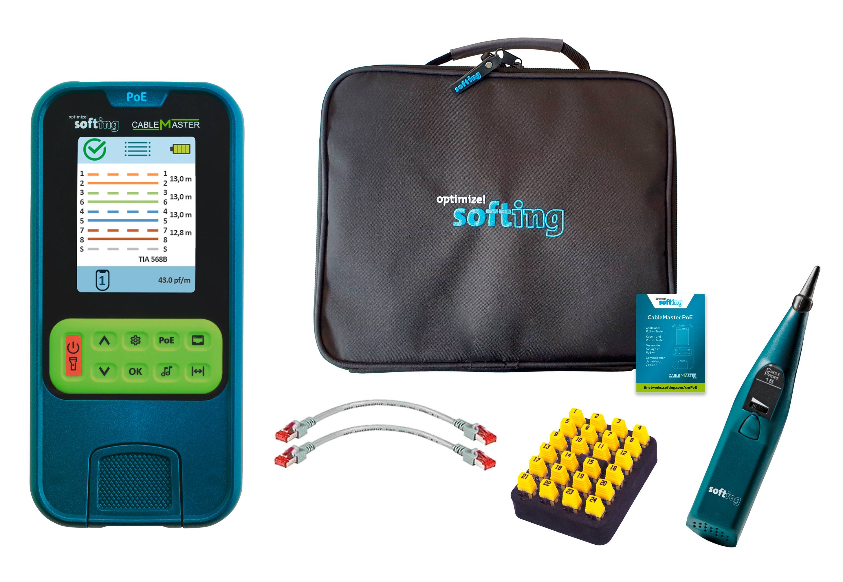Network tester kit with main device, carry bag, adaptor set, replacement caps and test probe. Device displays various cable lengths.