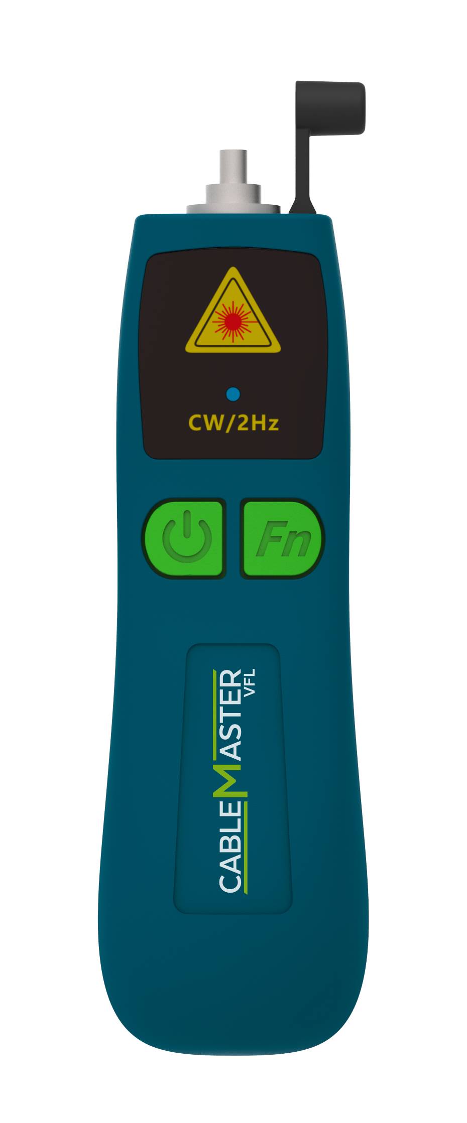 Cable tester 'CABLE MASTER' with a blue casing, green control elements, and laser warning symbol on top.
