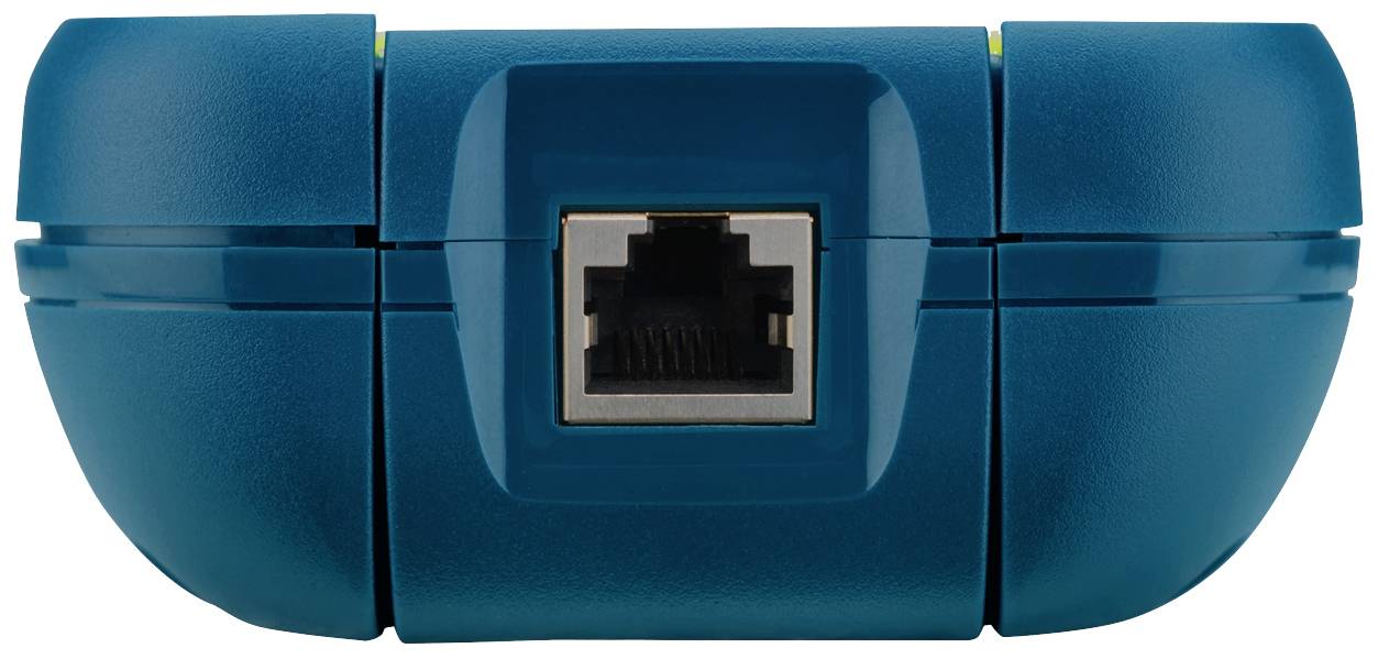 A blue electronic device with an Ethernet port in the centre. It has rounded corners and a robust construction.