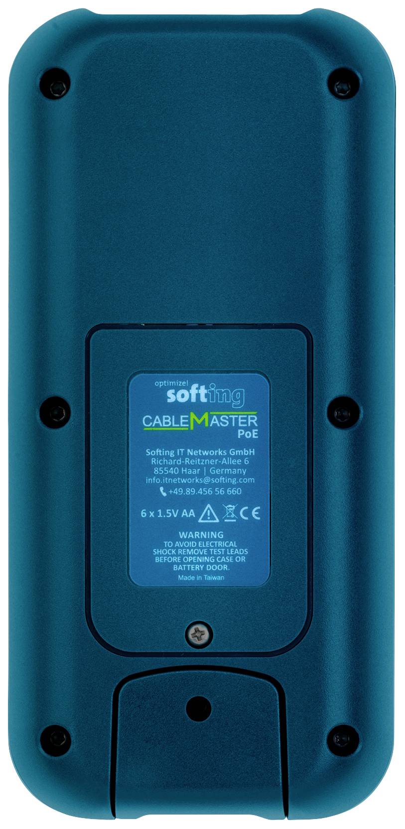 Back of a device with a dark blue casing, text and logos on a label in the centre, showing model and safety information.