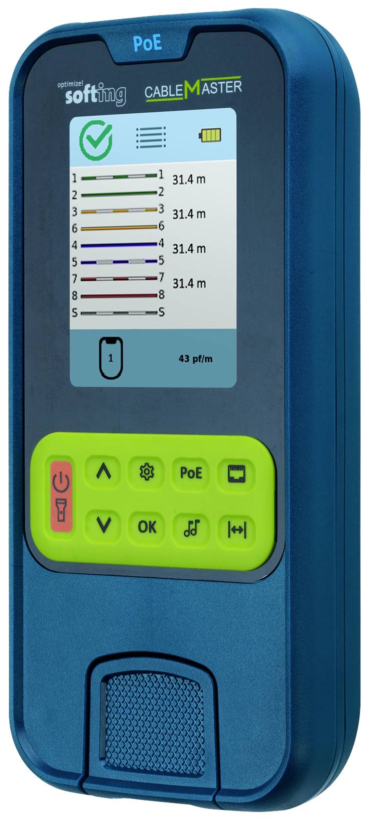 A blue cable tester displays test results on the screen with cable depths of 31.4 m. The buttons underneath are colour-coded.