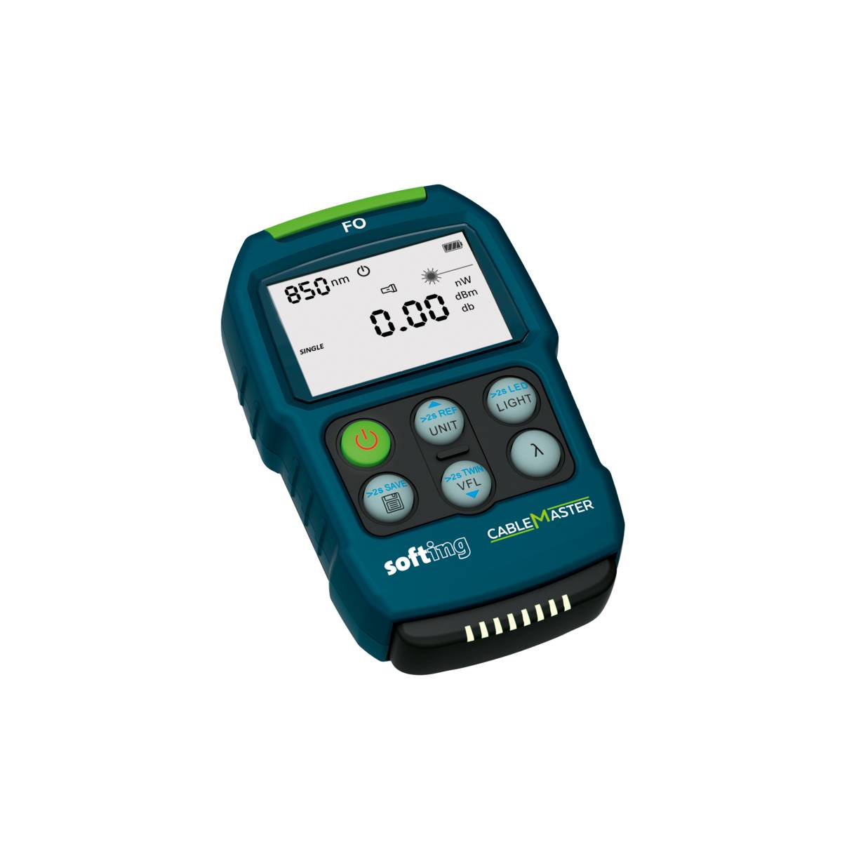 A digital measuring device with a display shows '850 nm' and '0.00 dBm'. Below are several buttons and a 'softing CableMaster' logo visible.