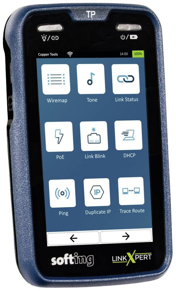 Handheld network testing device, displaying screen with options such as 'Wiremap', 'Tone', 'Link Status', 'PoE', 'DHCP' and more.